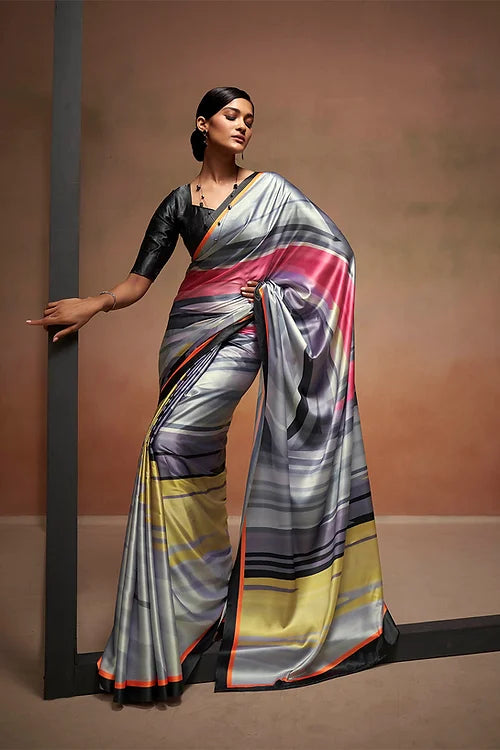 Multicolor Bollywood Style Soft Satin Crepe Saree