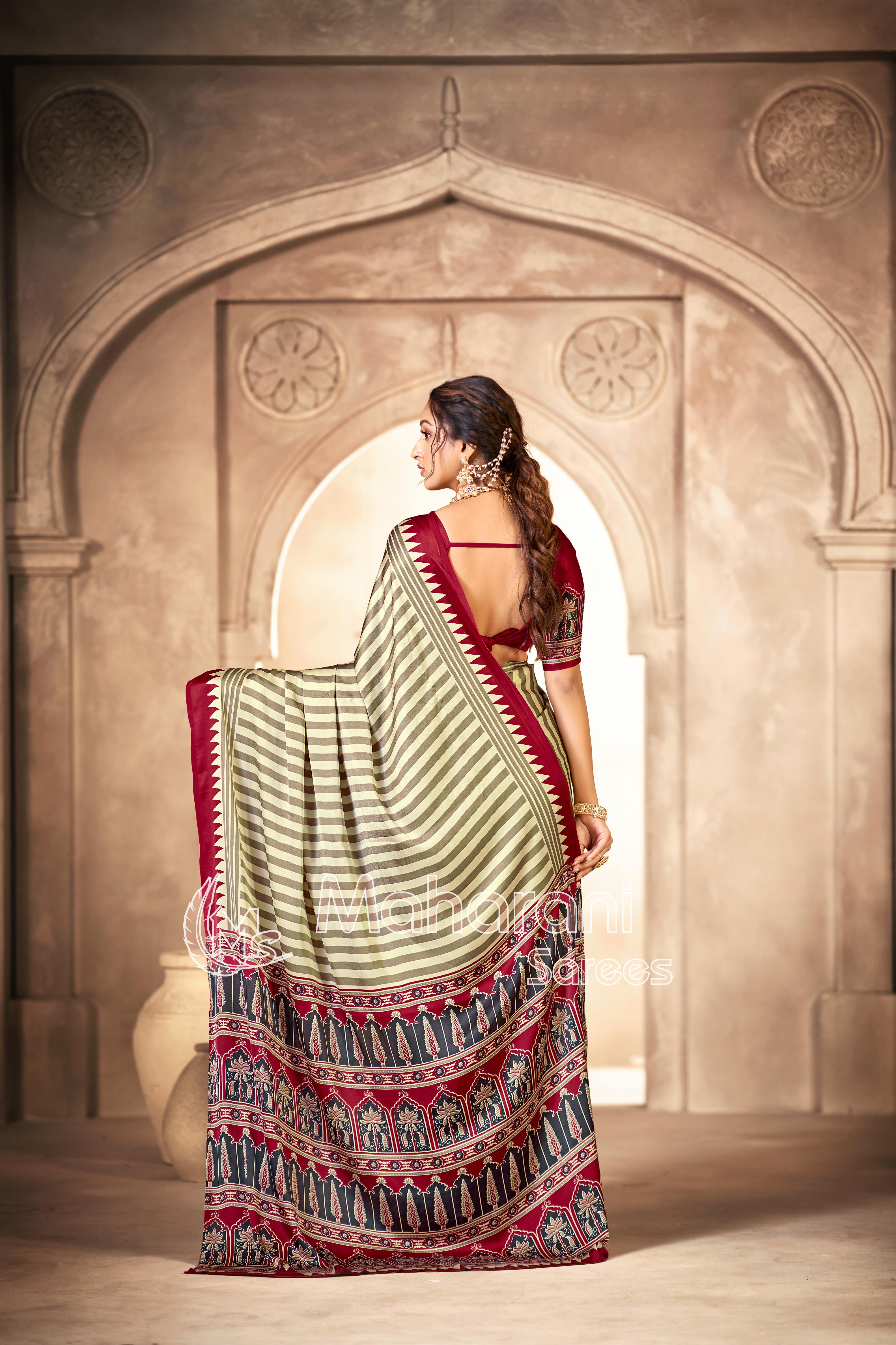 Cream With Maroon Border Ajrakh Hand-Printed Modal Silk Saree