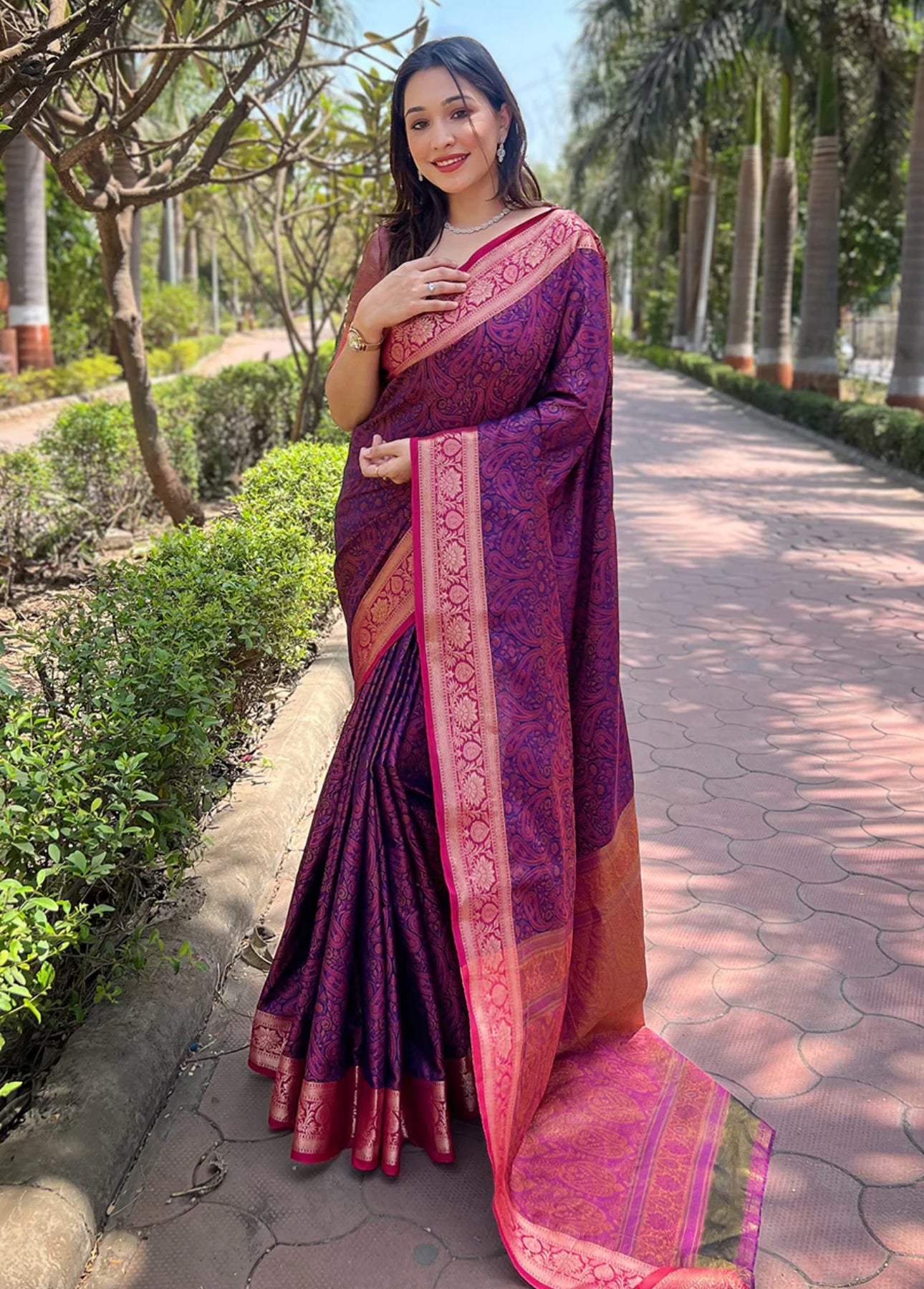 Violet Magenta Kashmiri Work Silk Saree With Weaving Pallu
