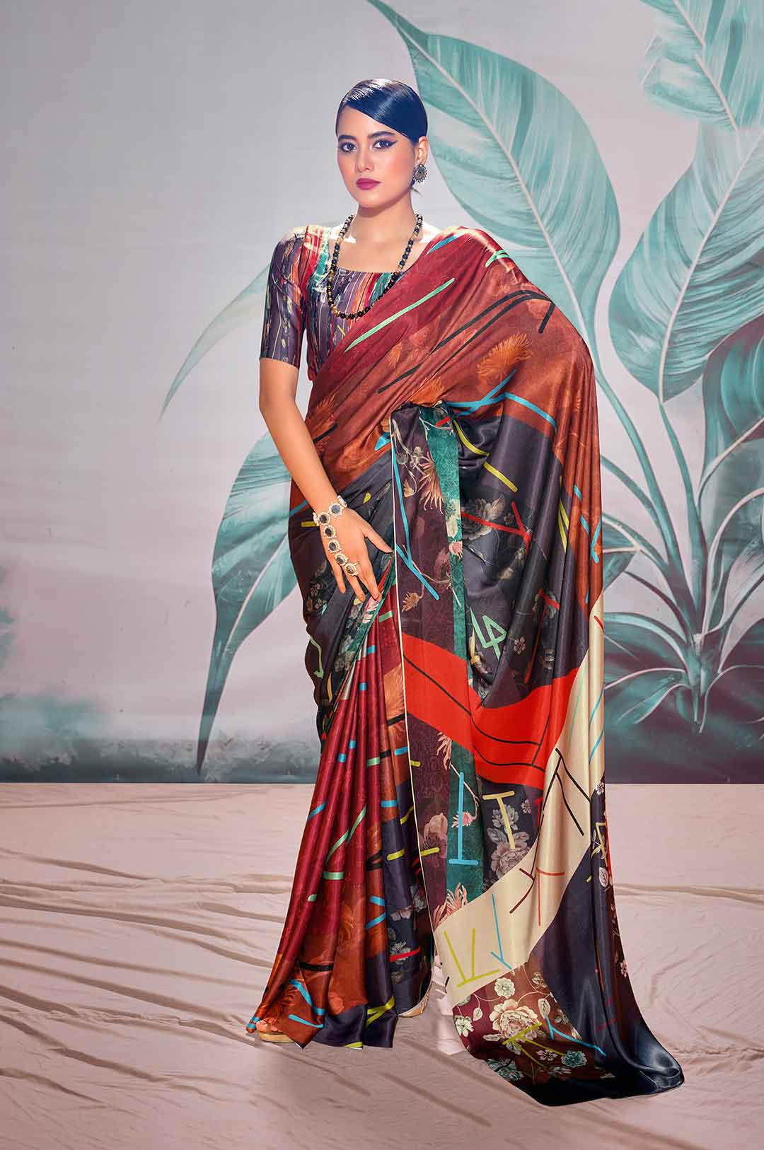 Multicolor Printed Satin Crepe Saree