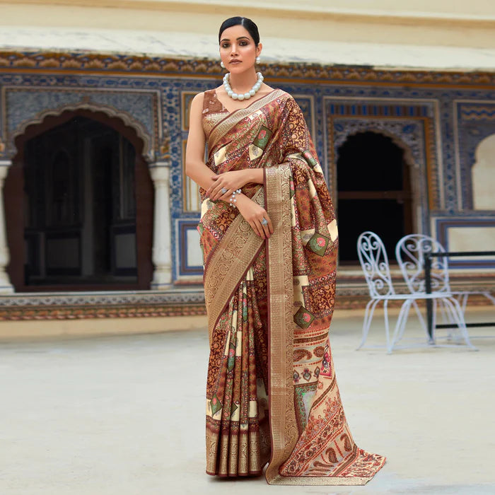 Coffee Digital Printed Dola Silk Saree