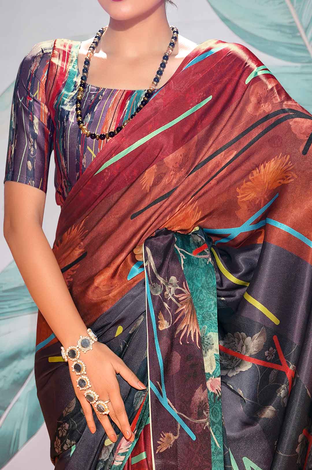 Multicolor Printed Satin Crepe Saree