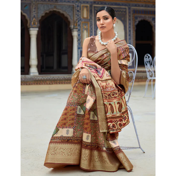 Coffee Digital Printed Dola Silk Saree