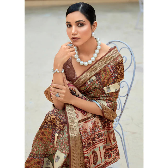 Coffee Digital Printed Dola Silk Saree