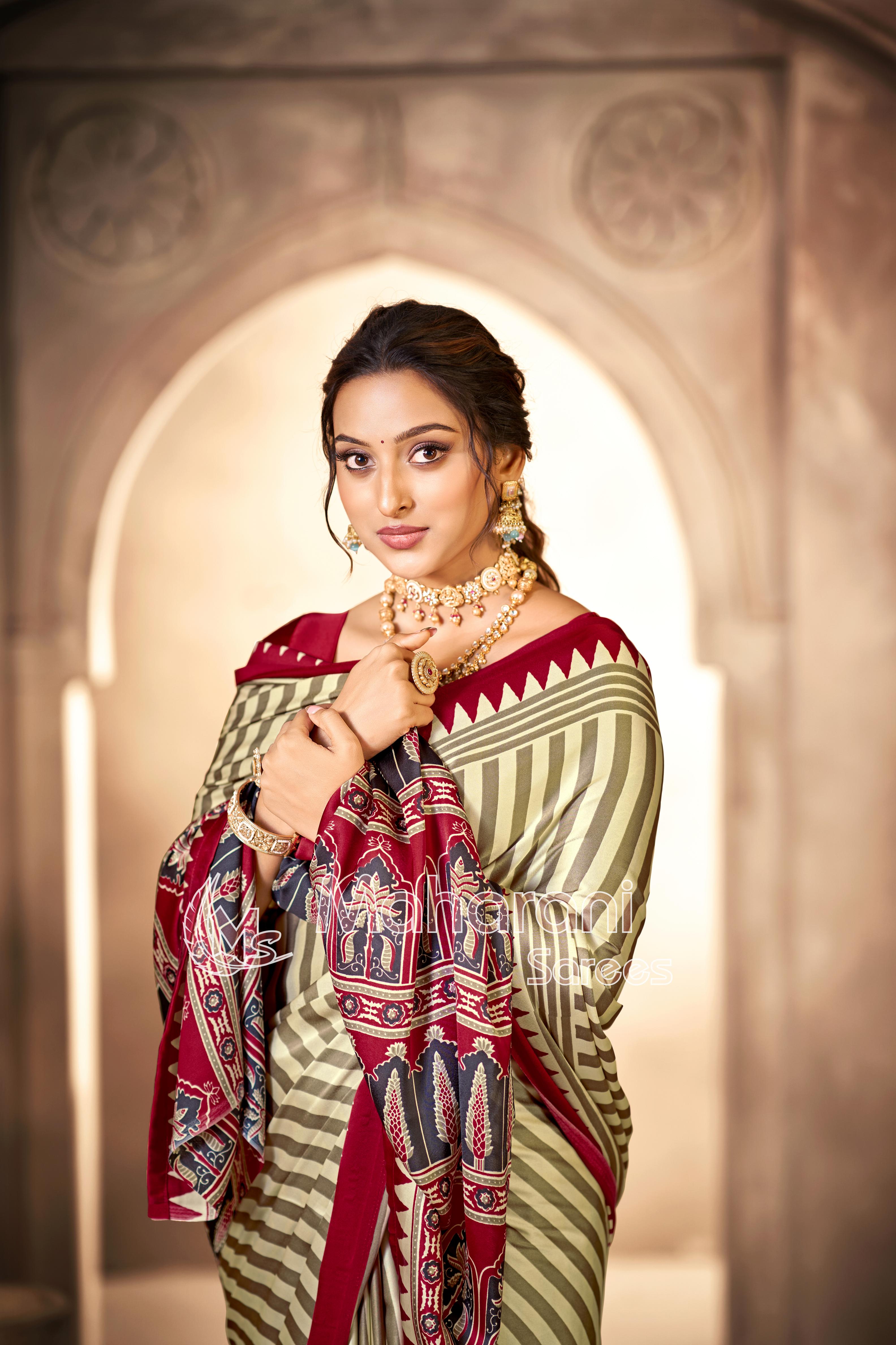 Cream With Maroon Border Ajrakh Hand-Printed Modal Silk Saree