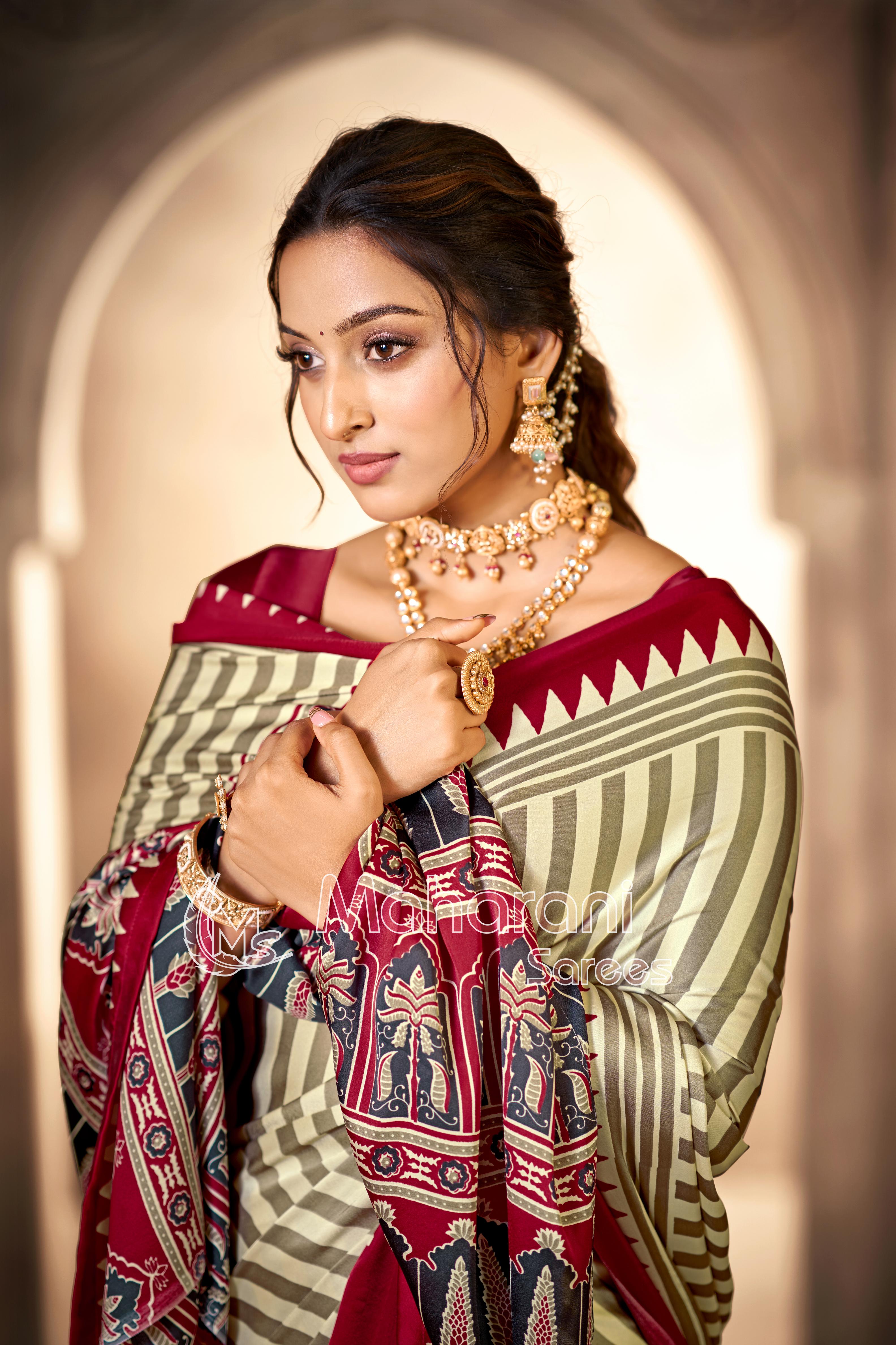 Cream With Maroon Border Ajrakh Hand-Printed Modal Silk Saree
