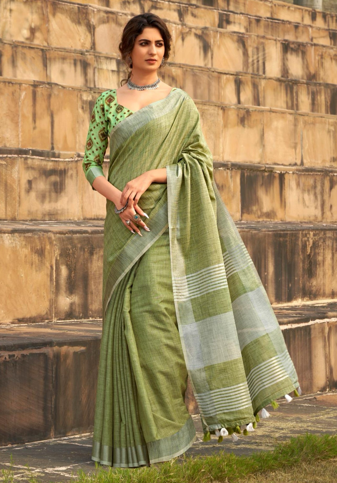 Khaki Casual Linen Saree RP2