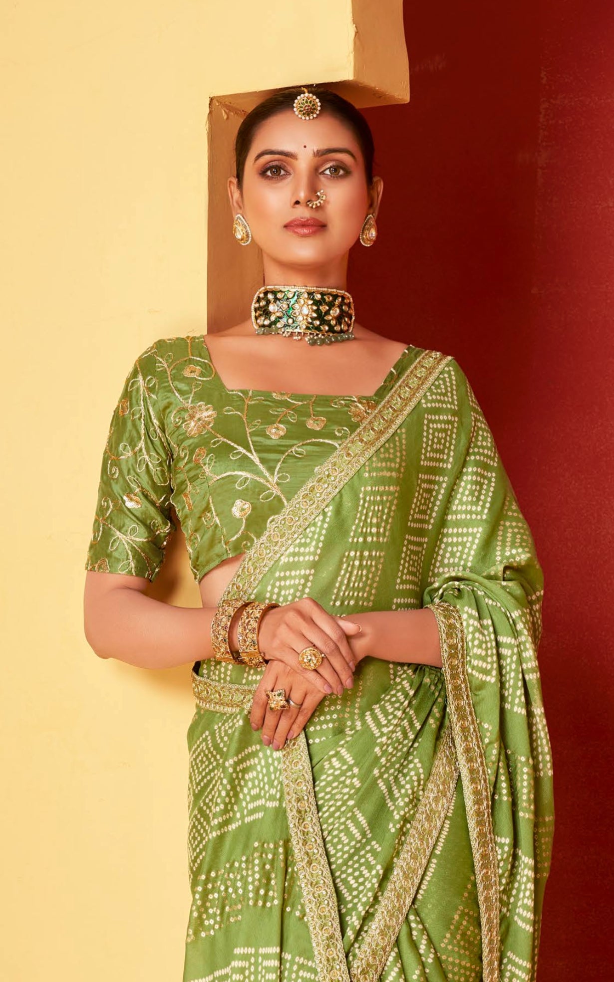 Khaki Green Moss Chiffon Foil Mill Print And Embroidery Work Border Saree With Fancy Work Blouse Sbs4