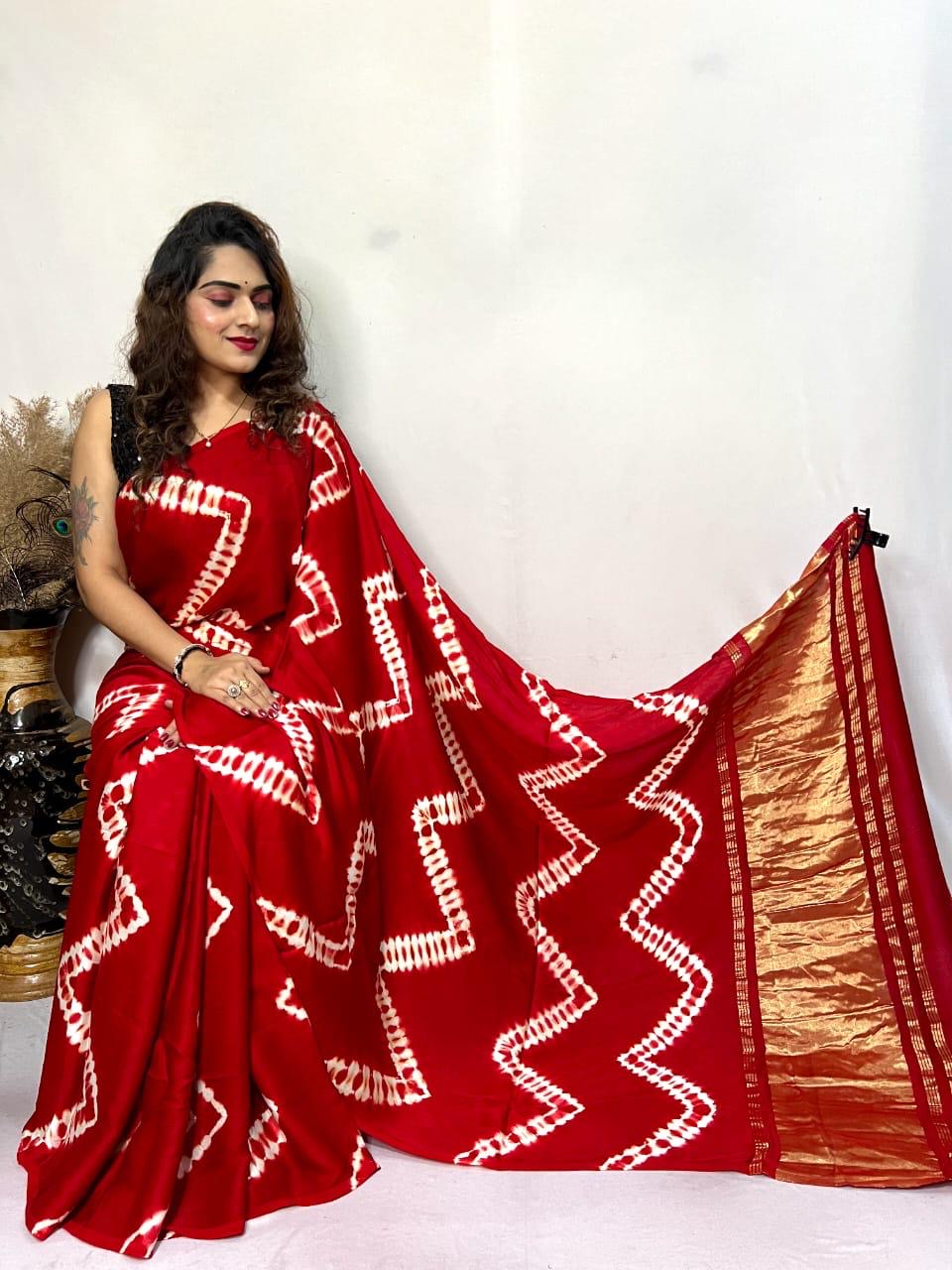 Red Leriya Modal Silk Zari Pallu Saree and Tie Dye Ajrakh