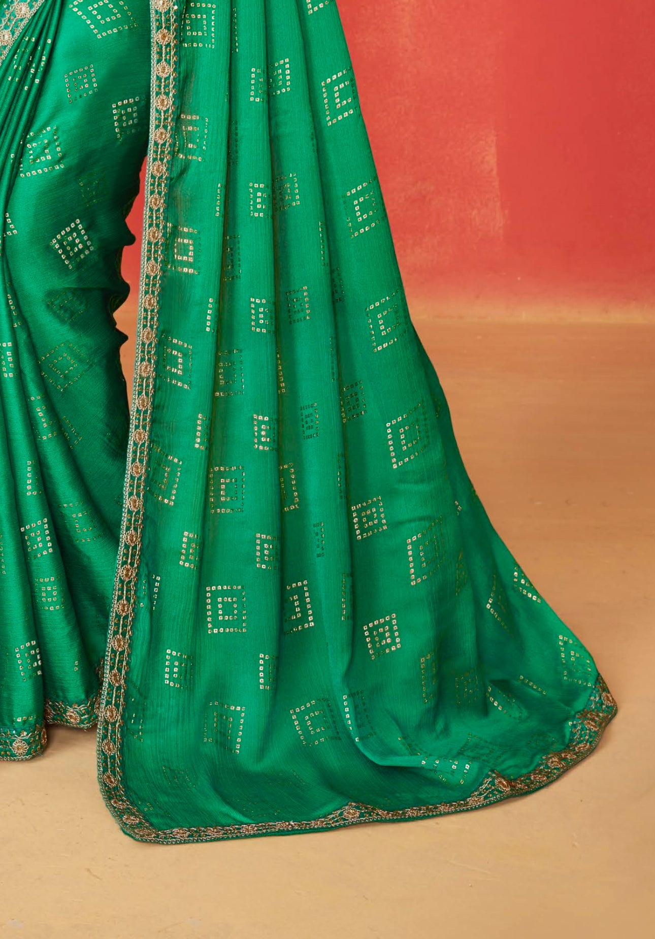 Green Haze Moss Chiffon Foil Mill Print And Embroidery Work Border Saree With Fancy Work Blouse Sbs4
