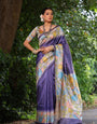 Autumn Purple Tussar Silk Kalamkari Printed Saree With Blouse