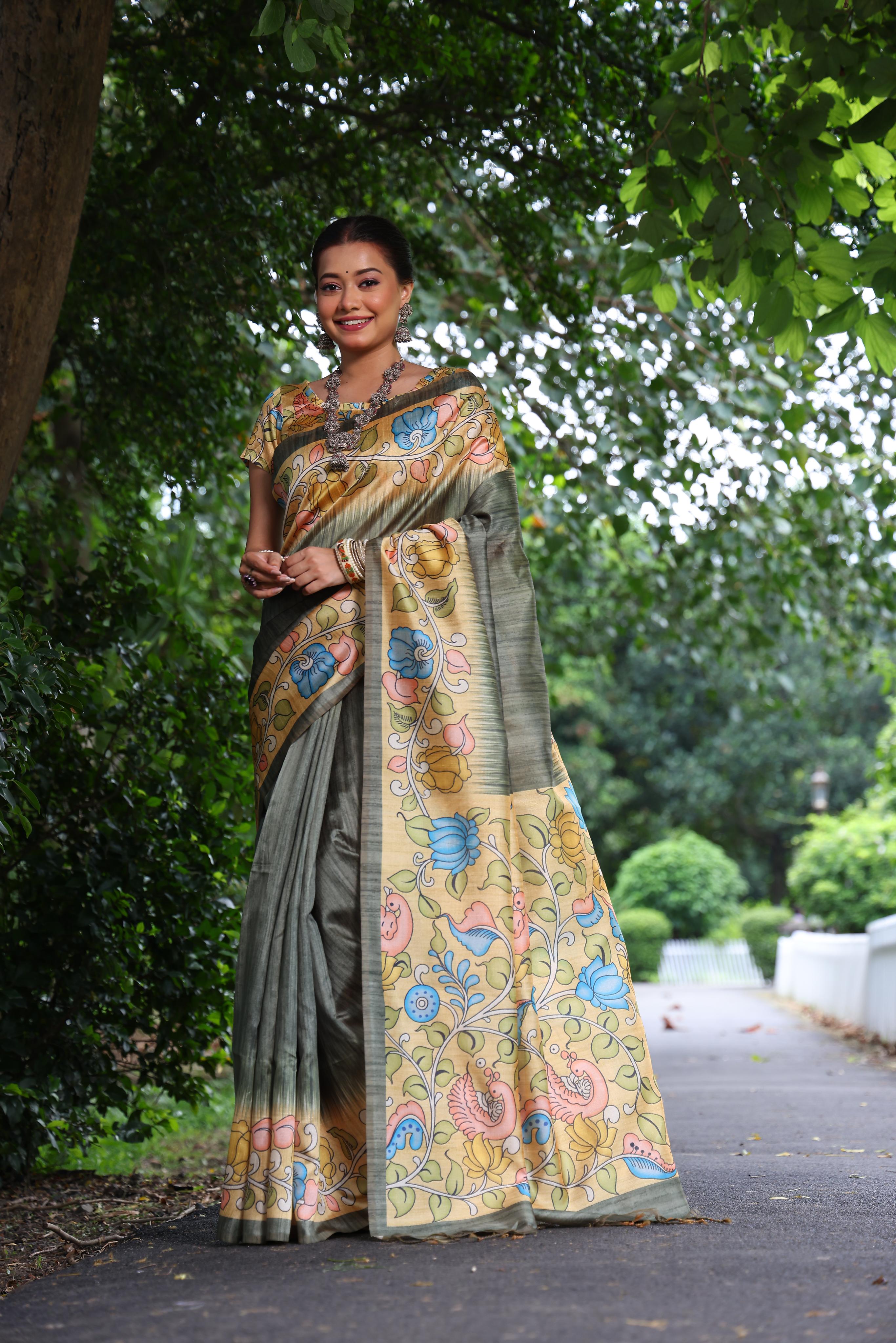 Verdun Green Tussar Silk Kalamkari Printed Saree With Blouse