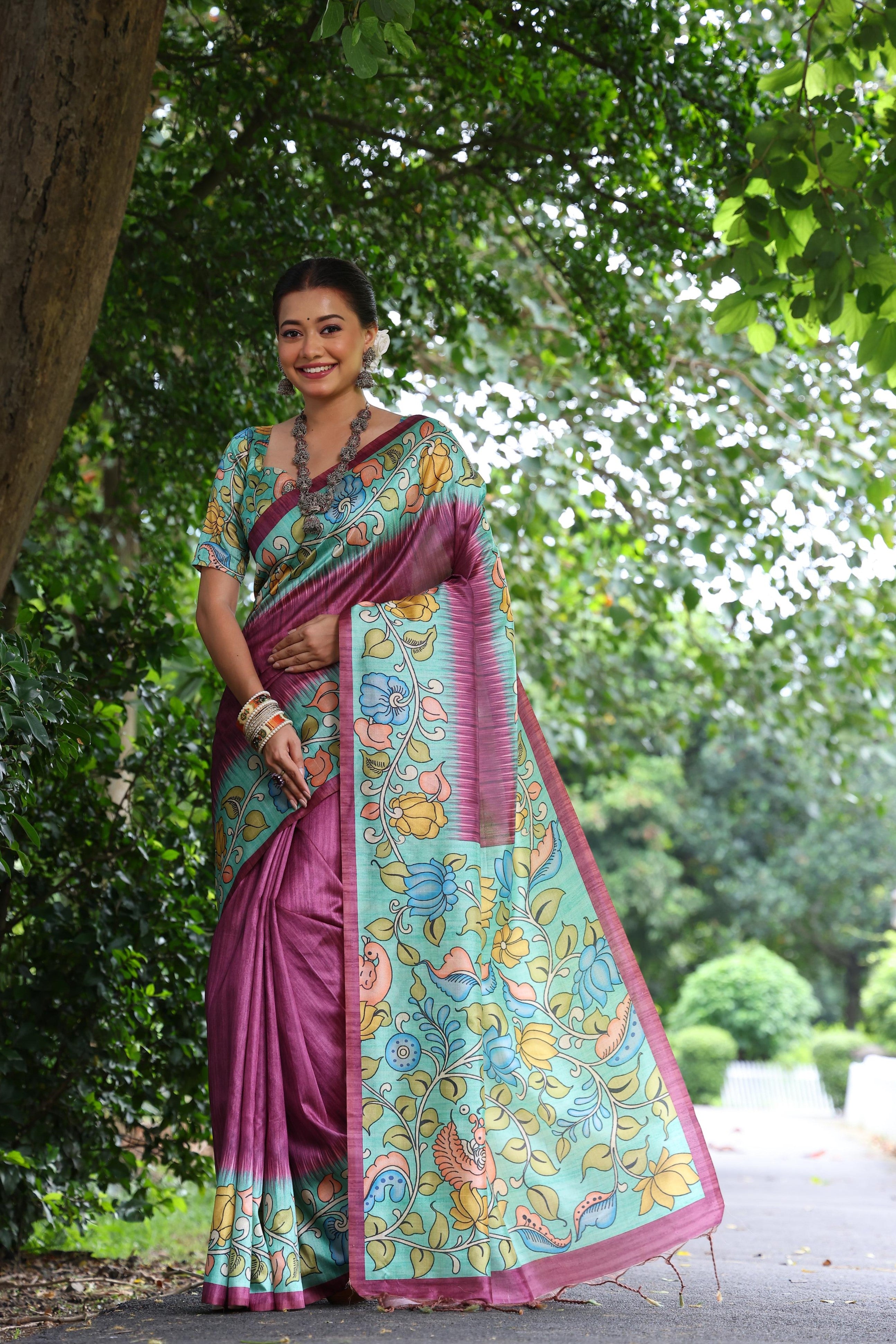 Tyrian Wine Tussar Silk Kalamkari Printed Saree With Blouse