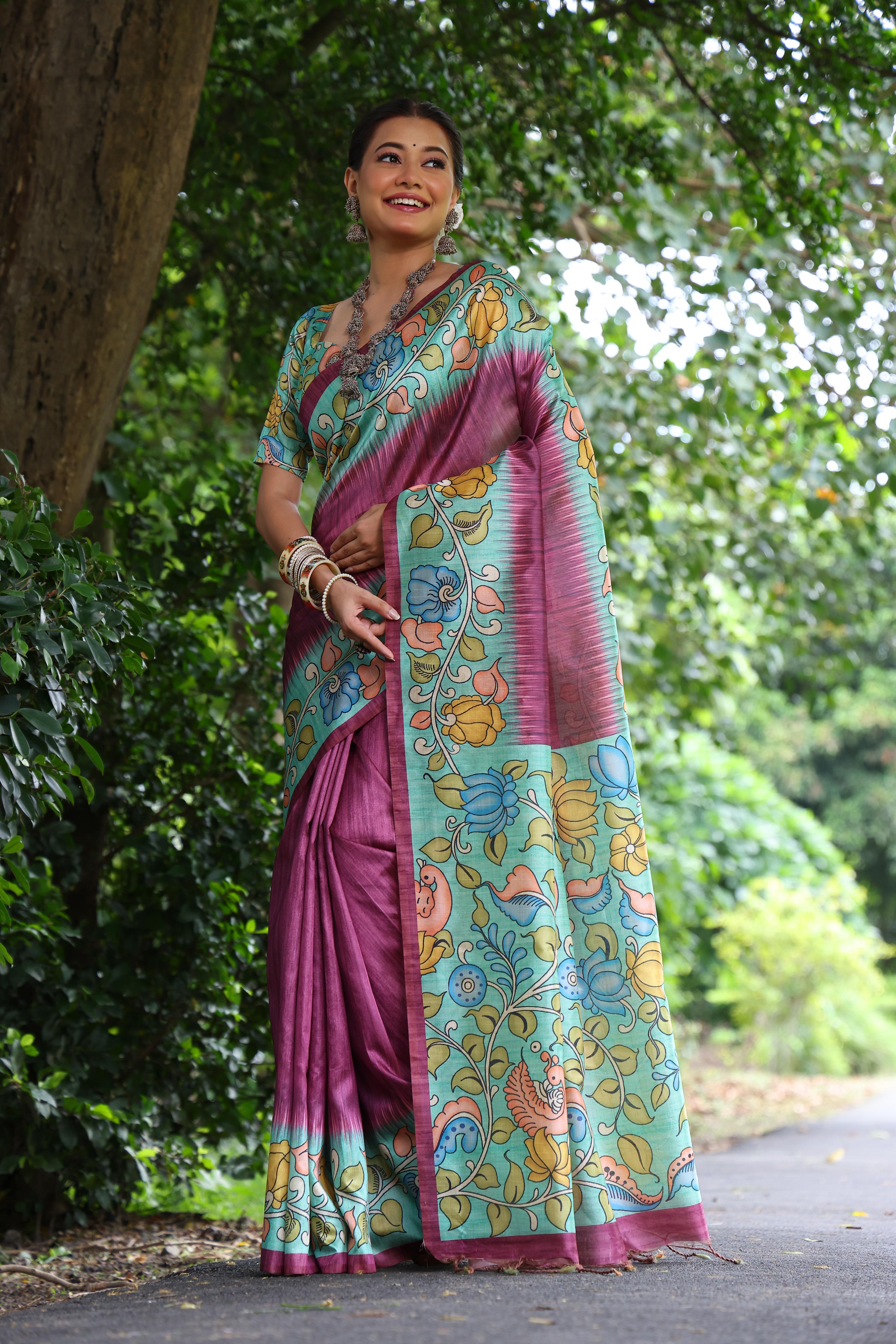 Tyrian Wine Tussar Silk Kalamkari Printed Saree With Blouse