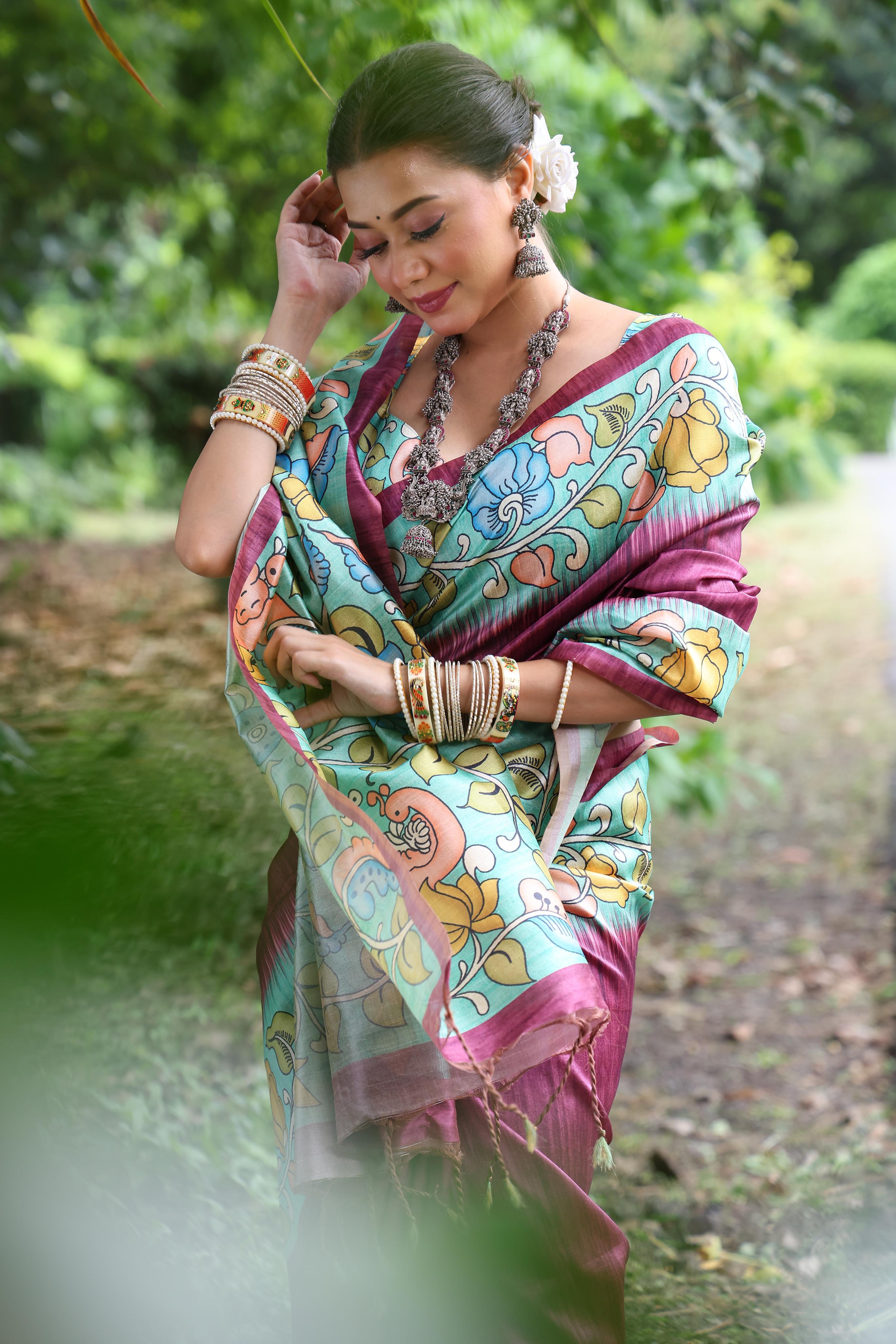 Tyrian Wine Tussar Silk Kalamkari Printed Saree With Blouse