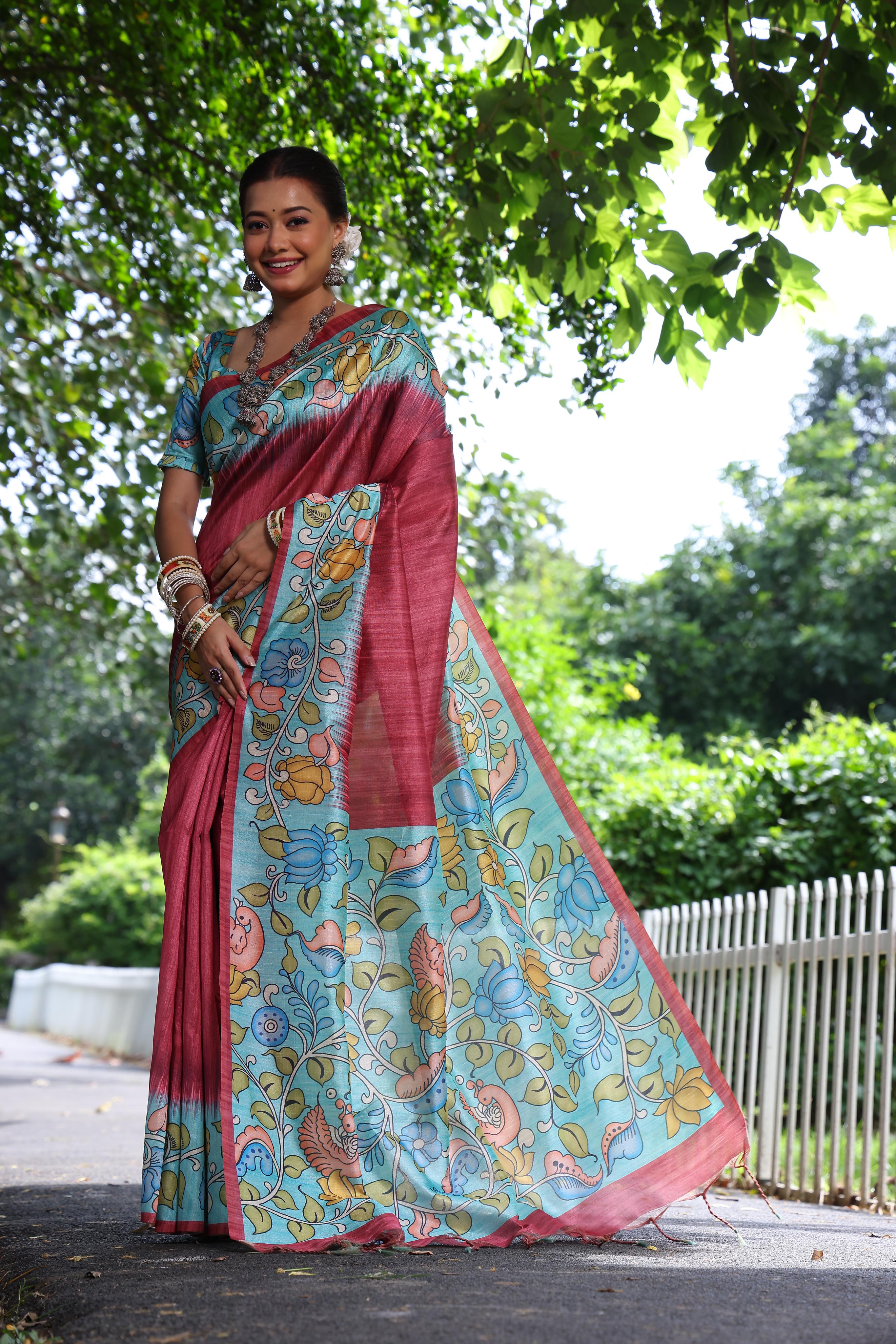 Crimson Maroon Tussar Silk Kalamkari Printed Saree With Blouse