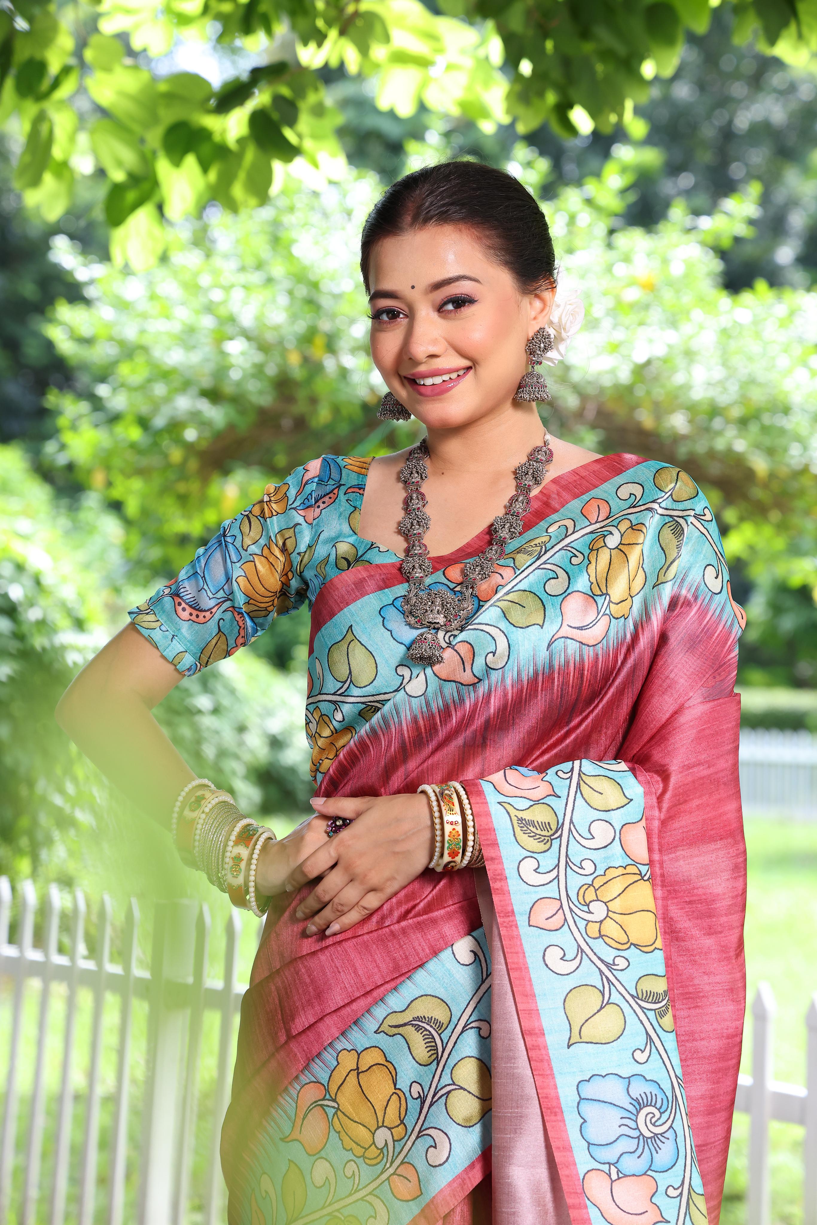 Crimson Maroon Tussar Silk Kalamkari Printed Saree With Blouse