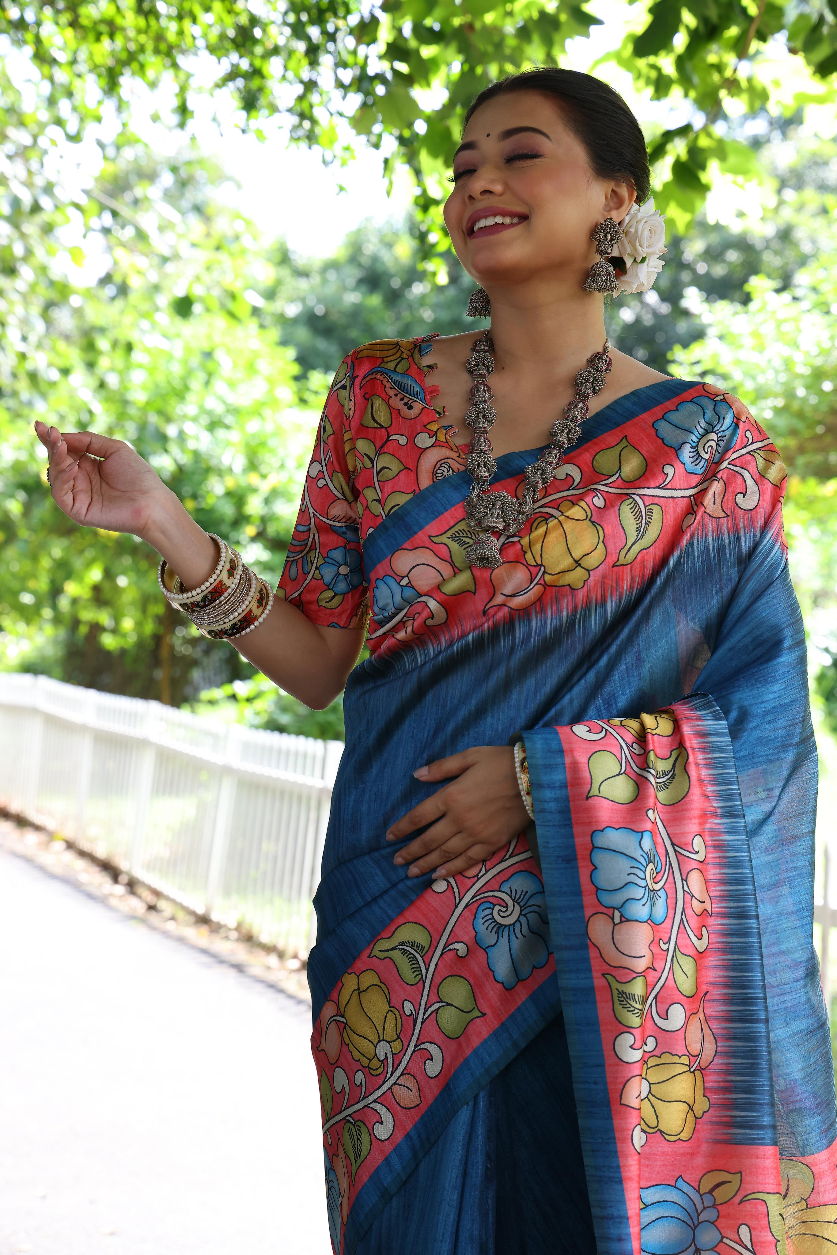 Vista Blue Tussar Silk Kalamkari Printed Saree With Blouse