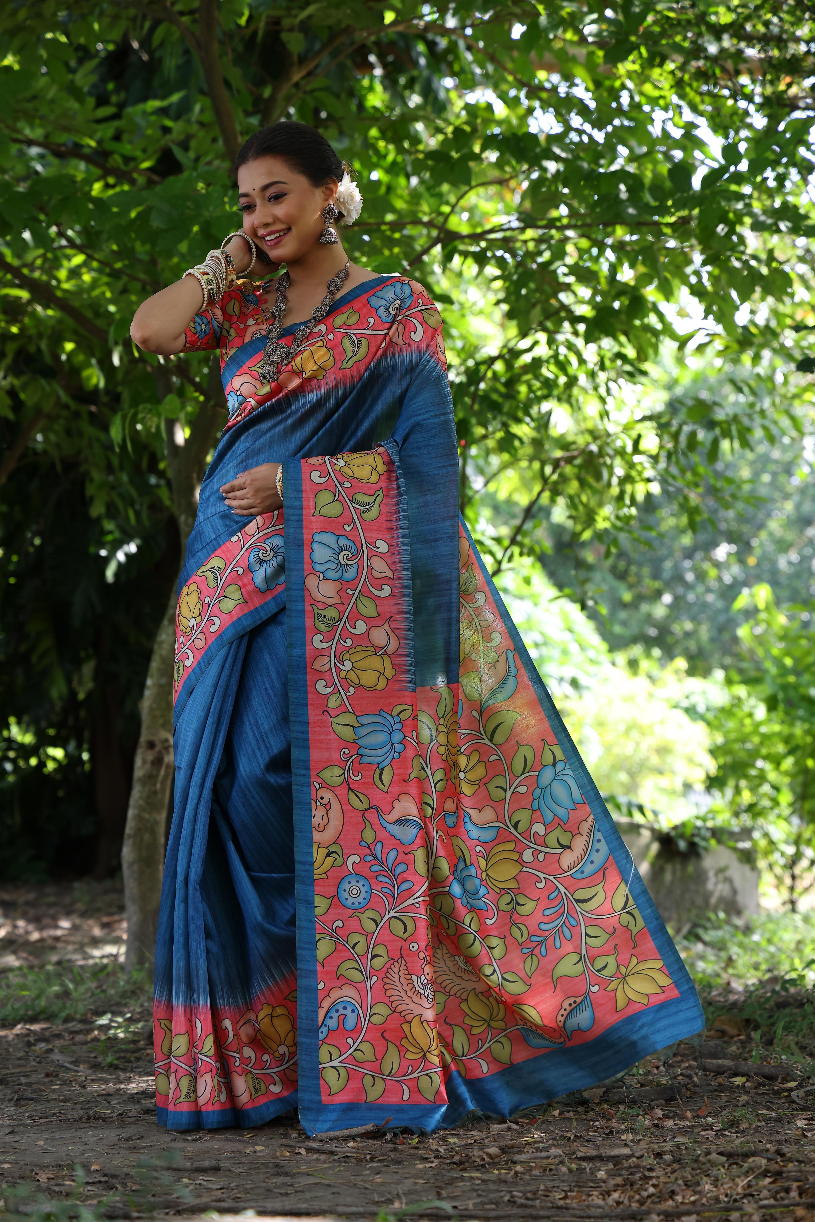 Vista Blue Tussar Silk Kalamkari Printed Saree With Blouse