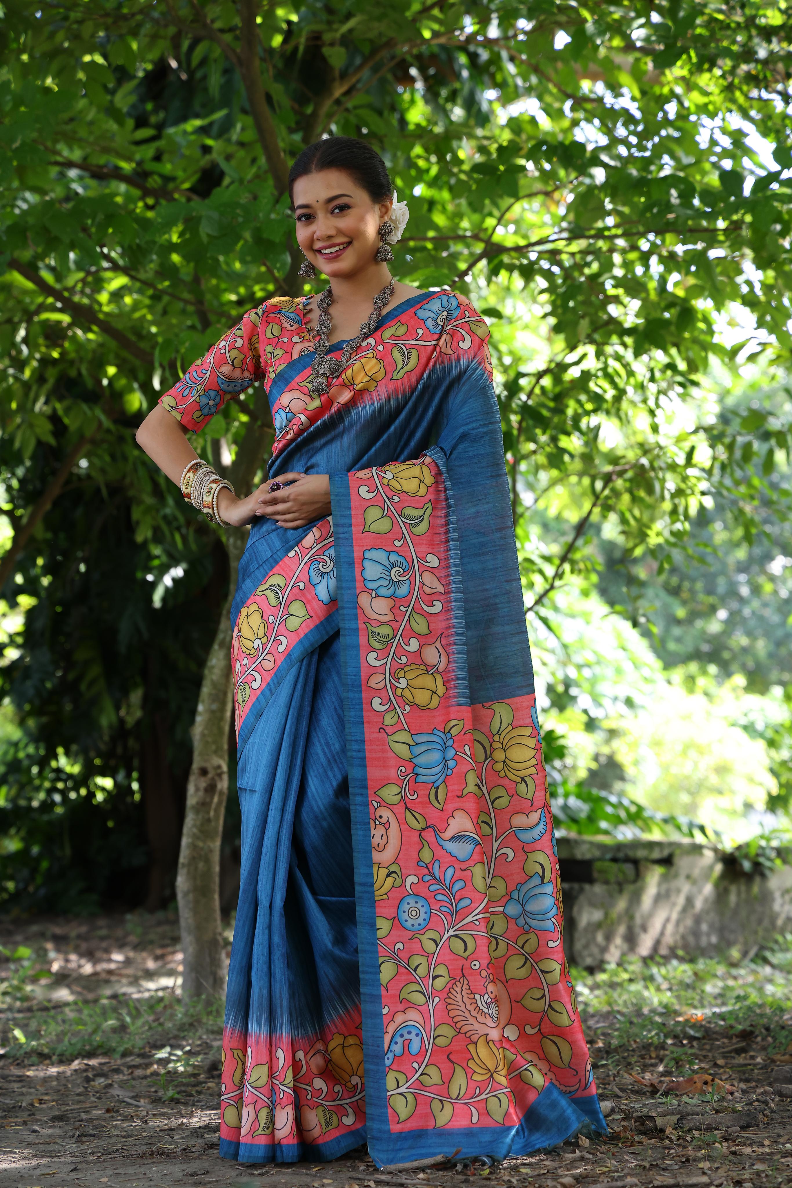 Vista Blue Tussar Silk Kalamkari Printed Saree With Blouse