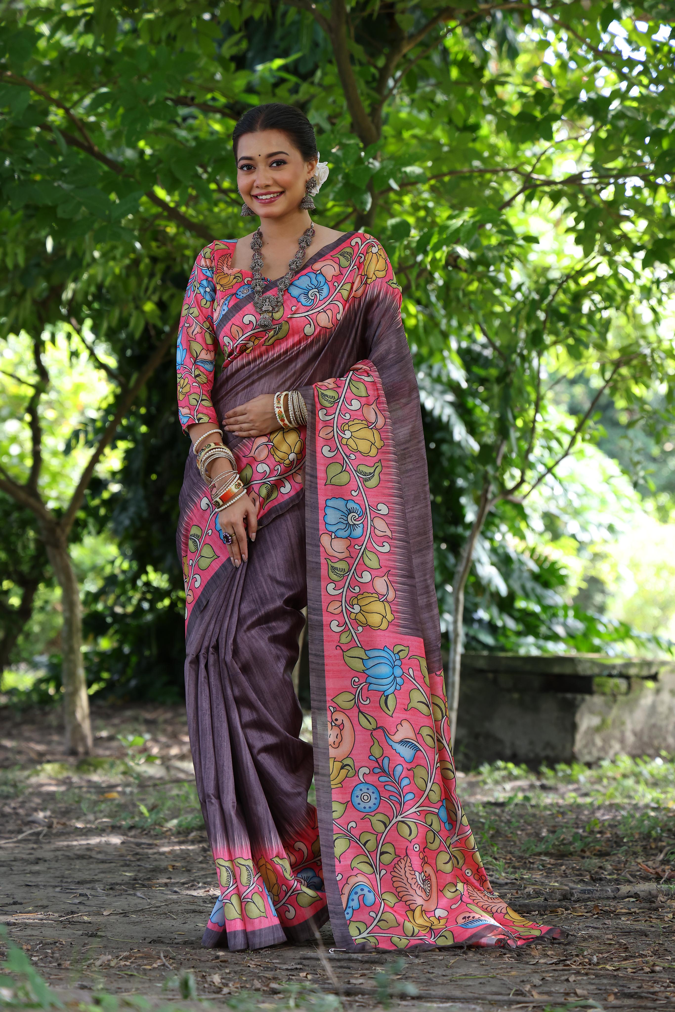 Cold Coffe Brown Tussar Silk Kalamkari Printed Saree With Blouse