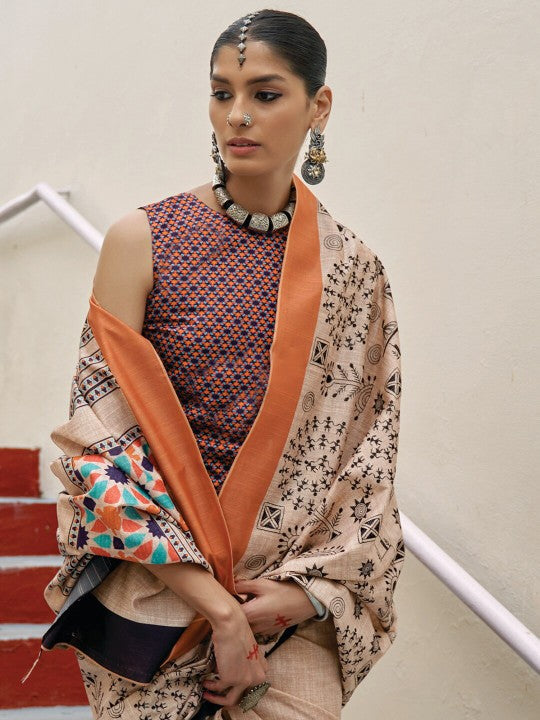 Cream and Orange Ajrakh Printed Designer Banarasi Saree