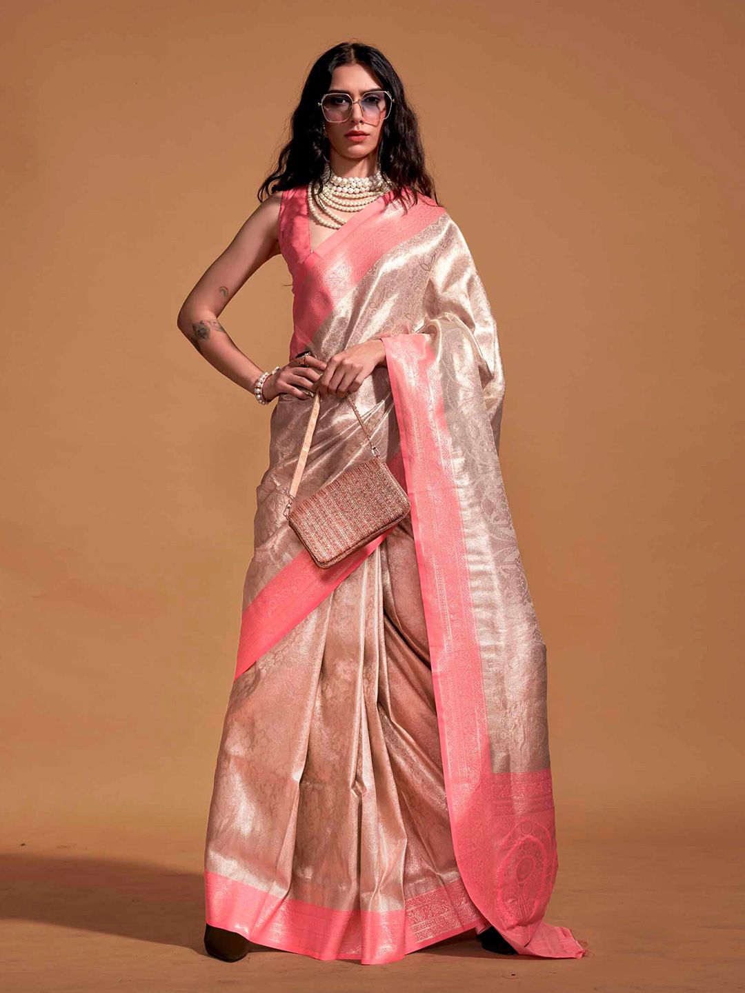 White And Peach Woven Kanjivaram Soft Silk Saree