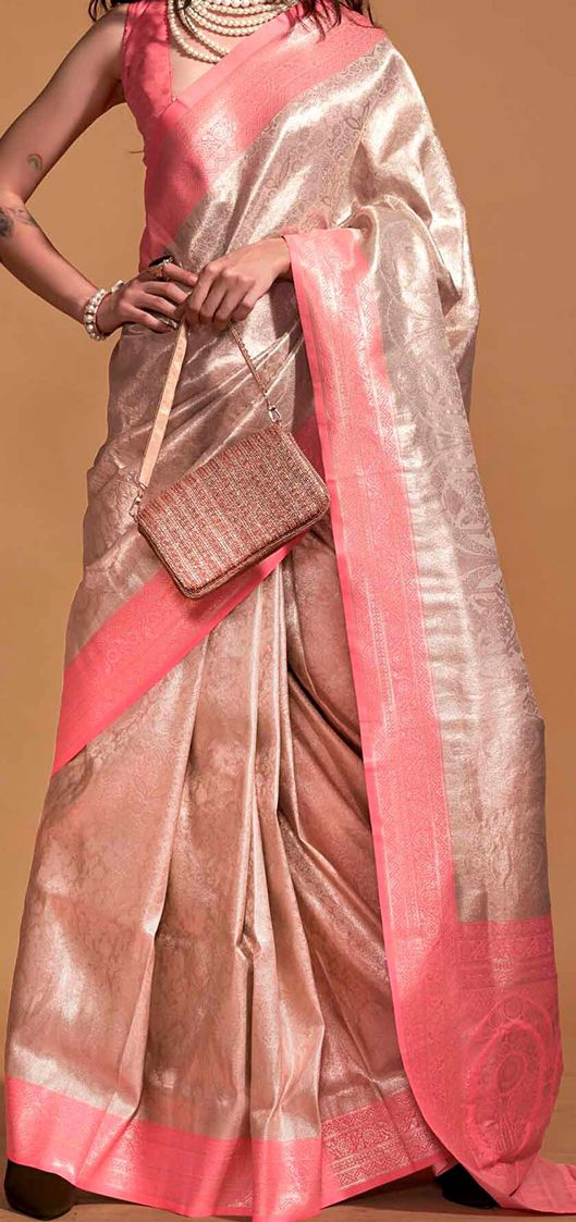 White And Peach Woven Kanjivaram Soft Silk Saree