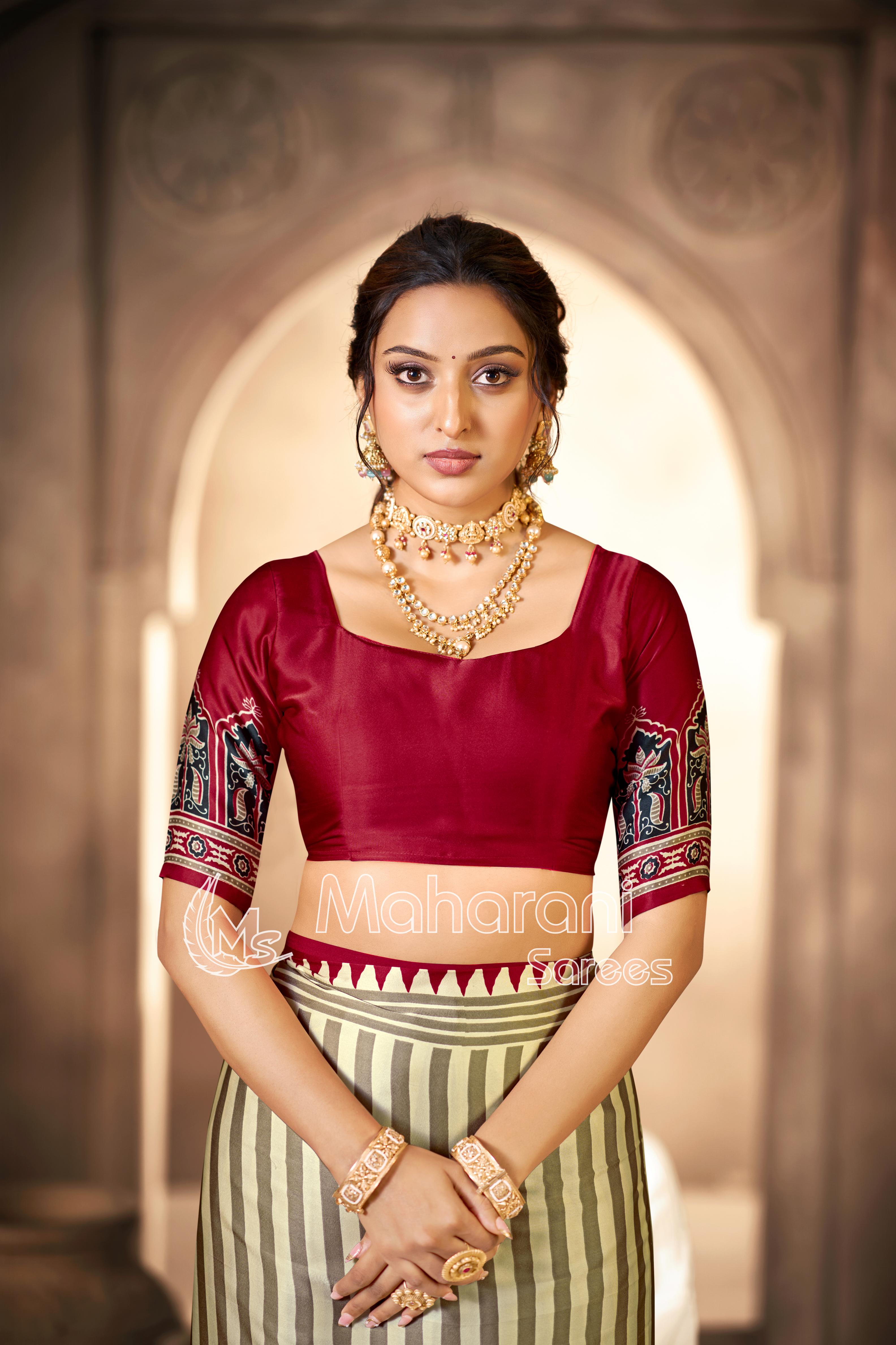 Cream With Maroon Border Ajrakh Hand-Printed Modal Silk Saree