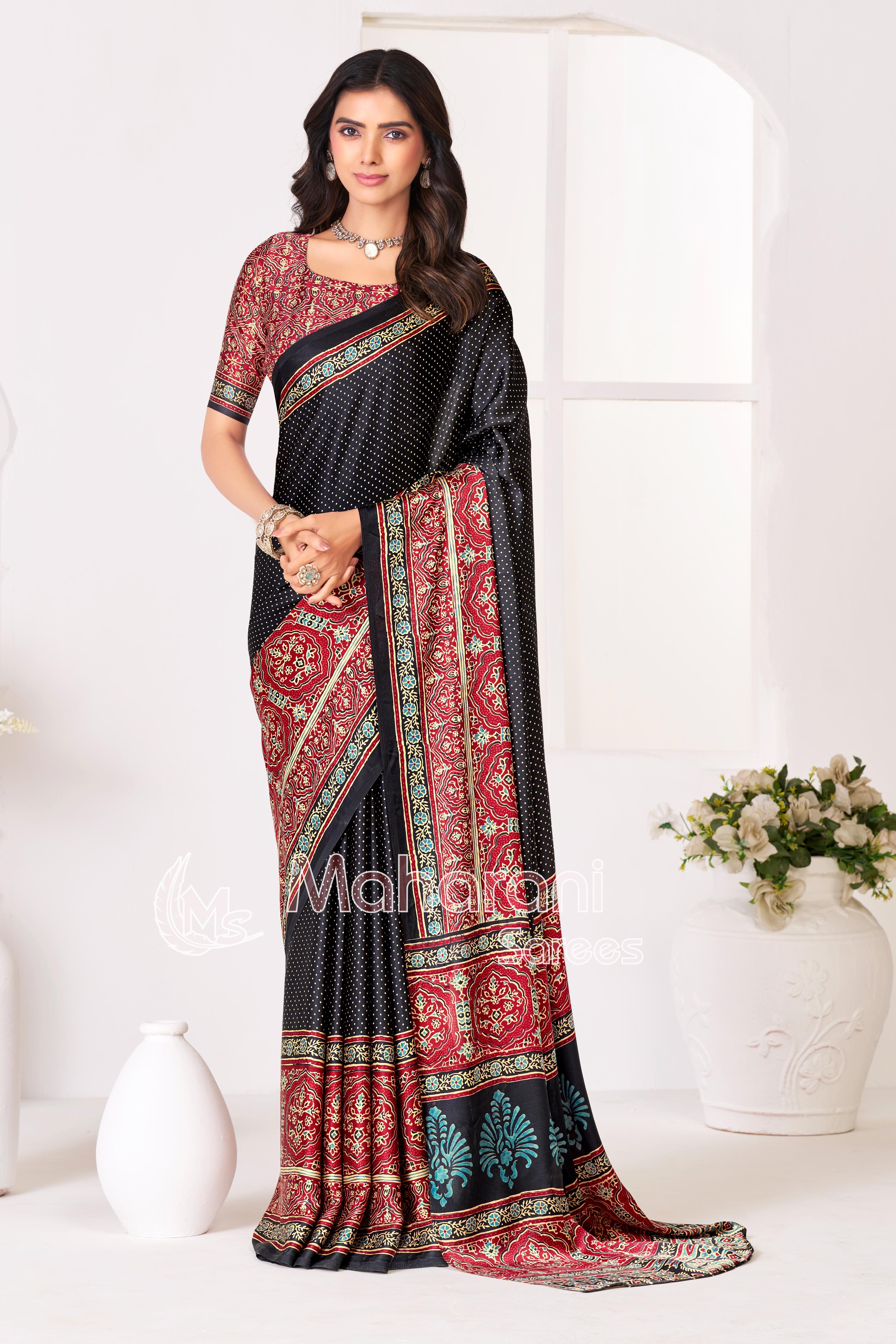 Black Ajrakh Printed Modal Silk Saree With Ajrakh Blouse