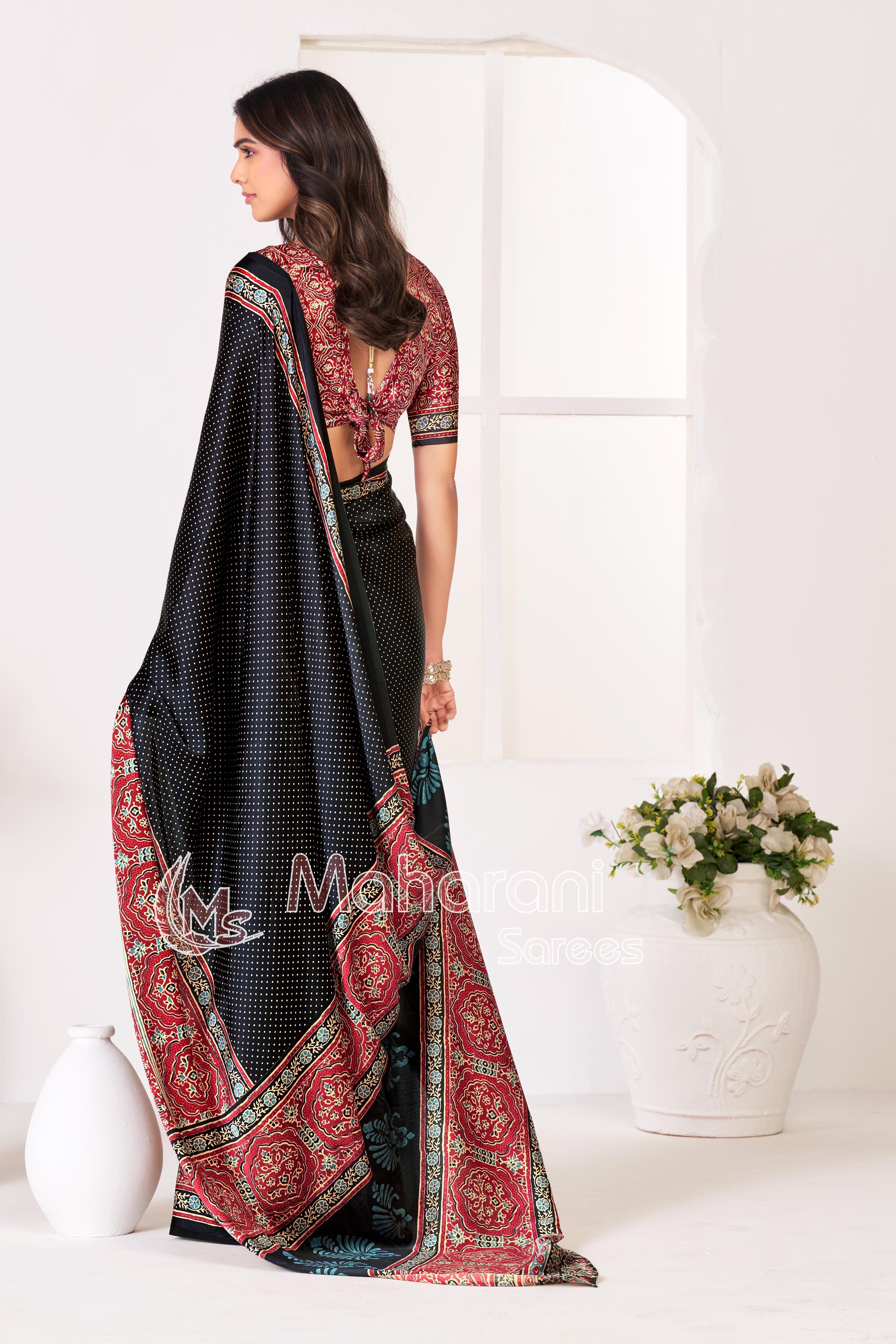 Black Ajrakh Printed Modal Silk Saree With Ajrakh Blouse