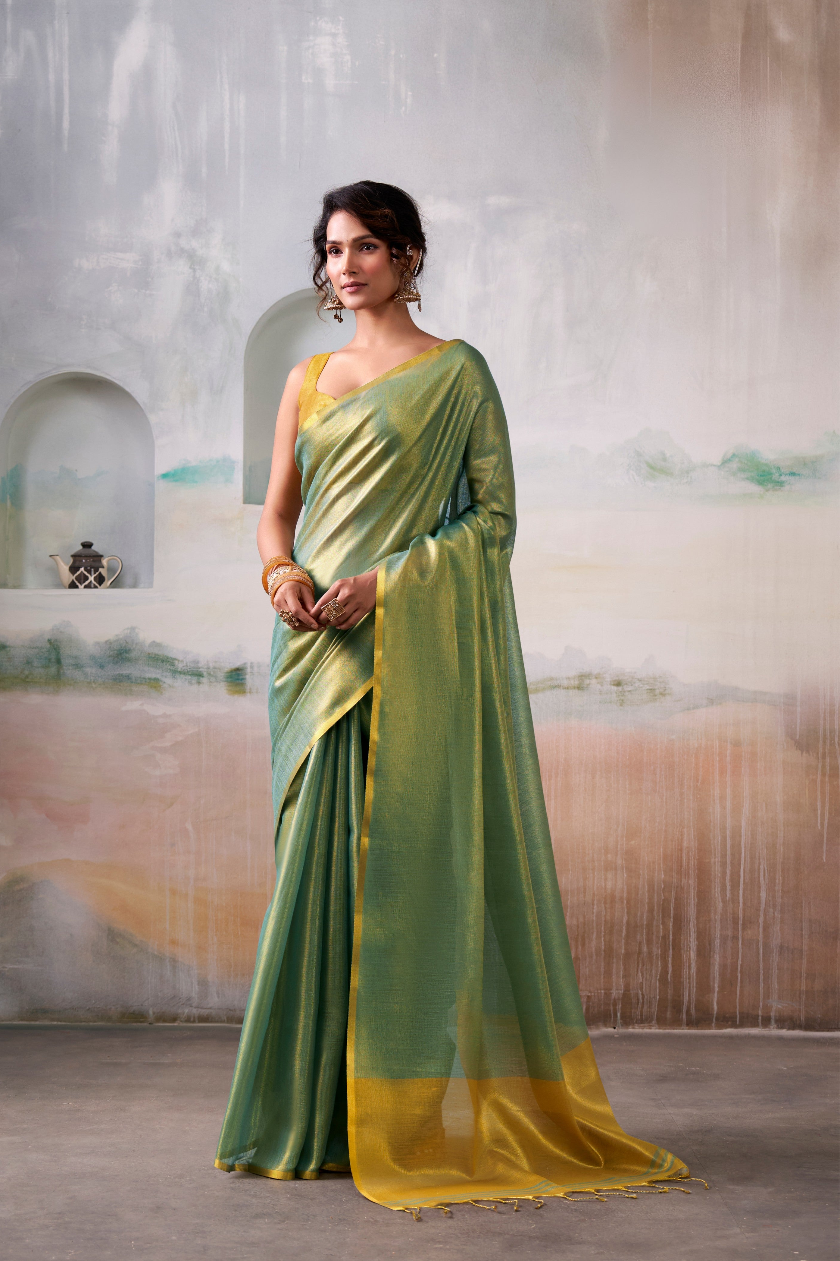Lime Green Woven Tissue Soft Silk Saree