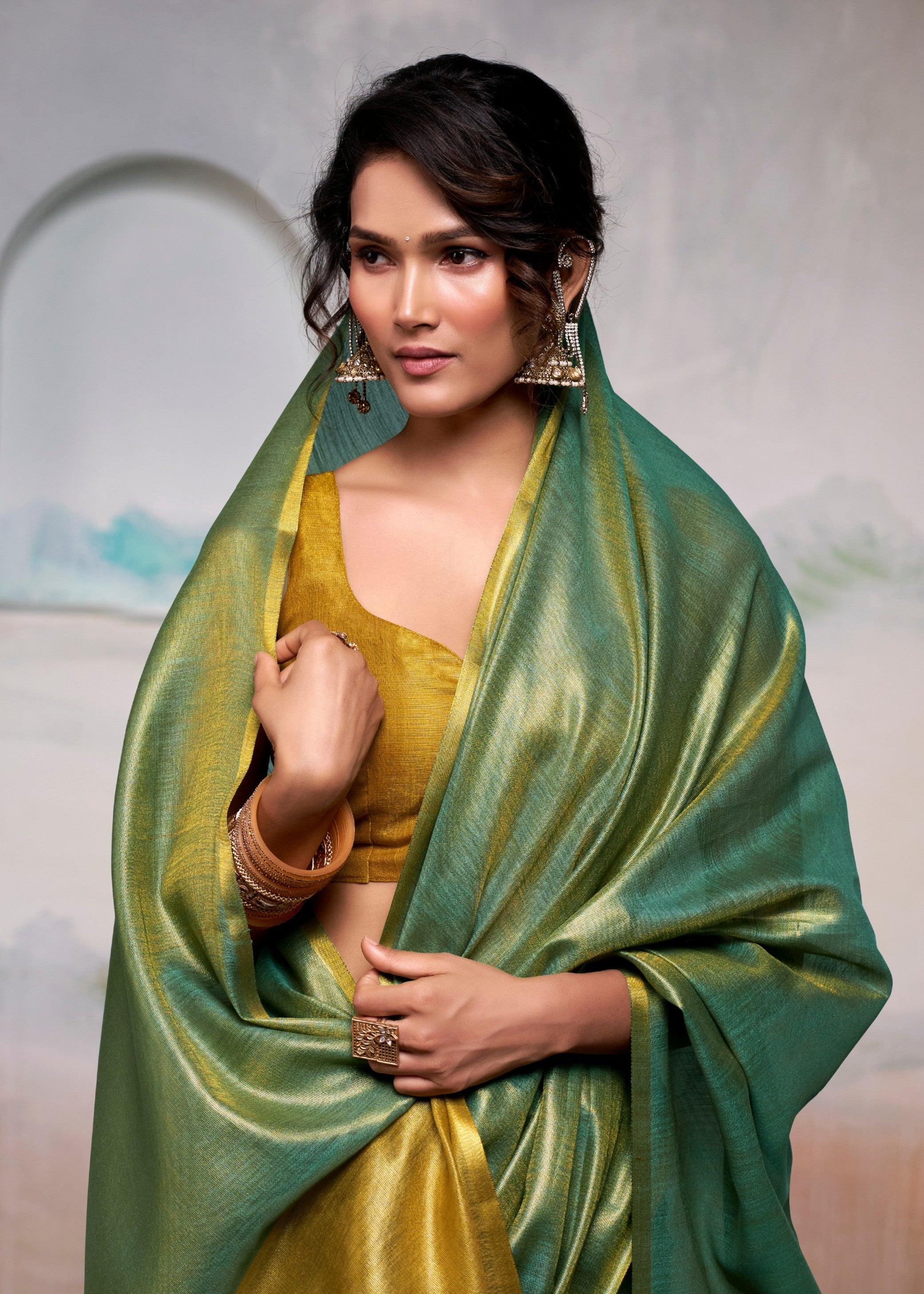 Lime Green Woven Tissue Soft Silk Saree