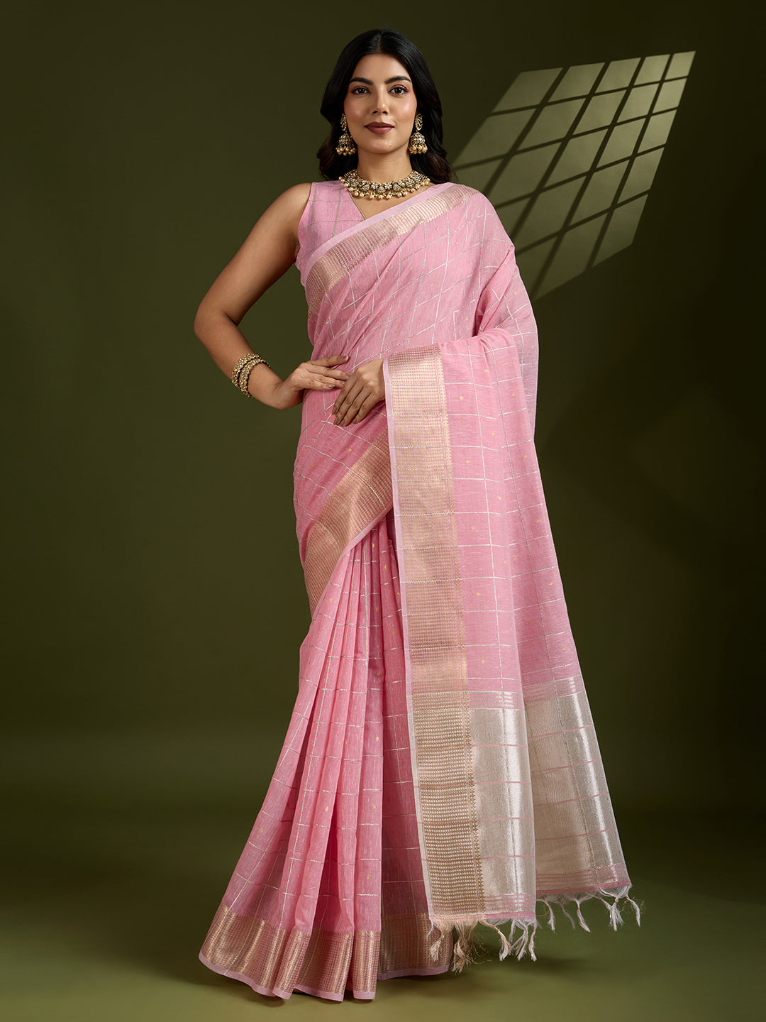 Rose Pink Linen Tissue Silk Saree