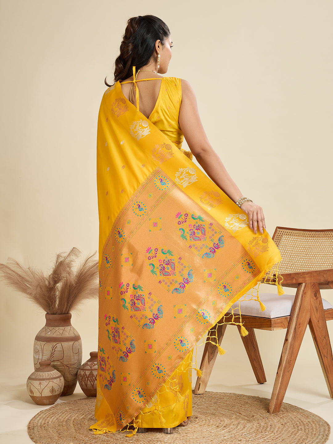 Murmurous Yellow Paithani Silk Saree With Ethnic Blouse Piece