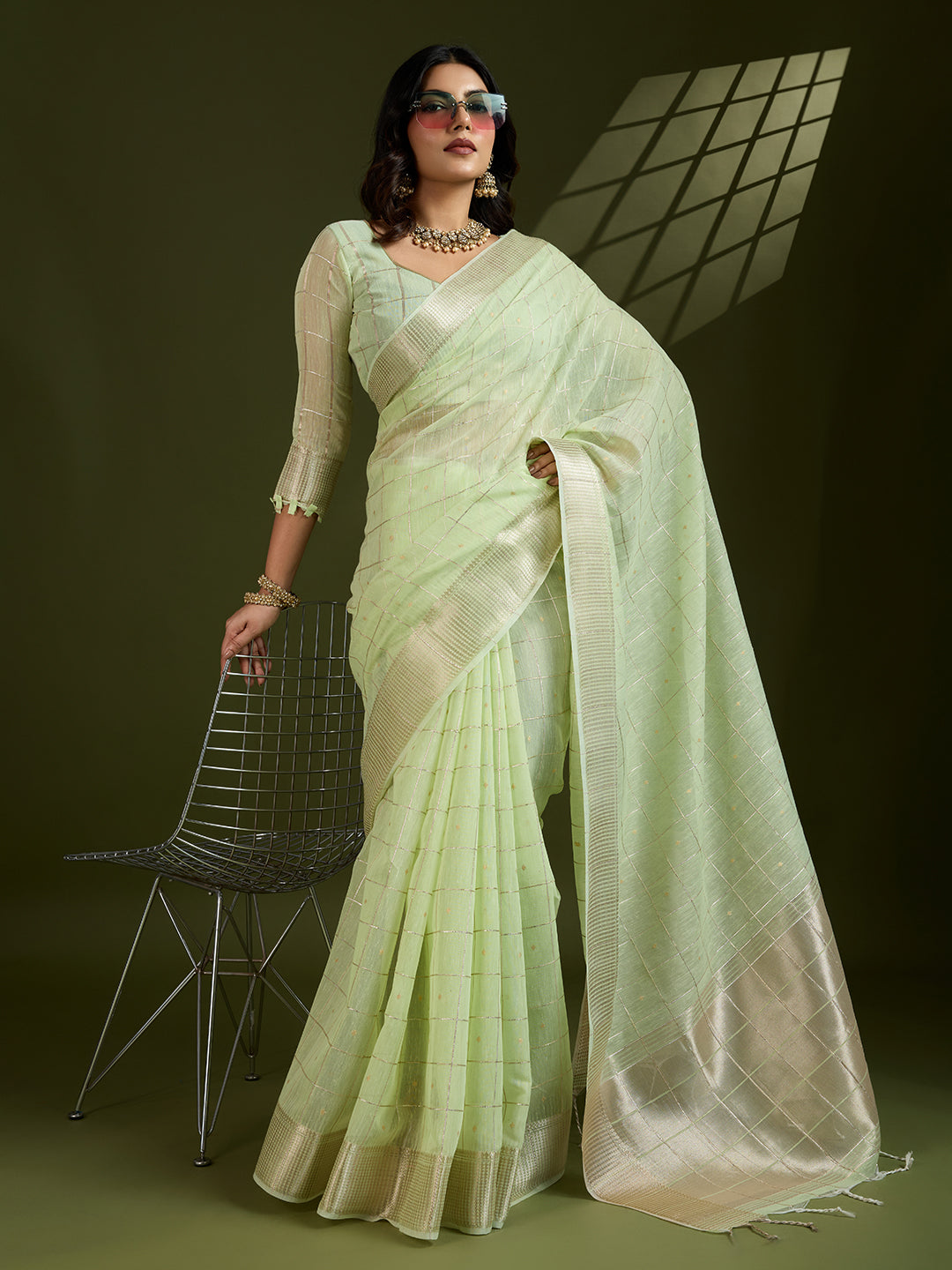 Pista Green Linen Tissue Silk Saree