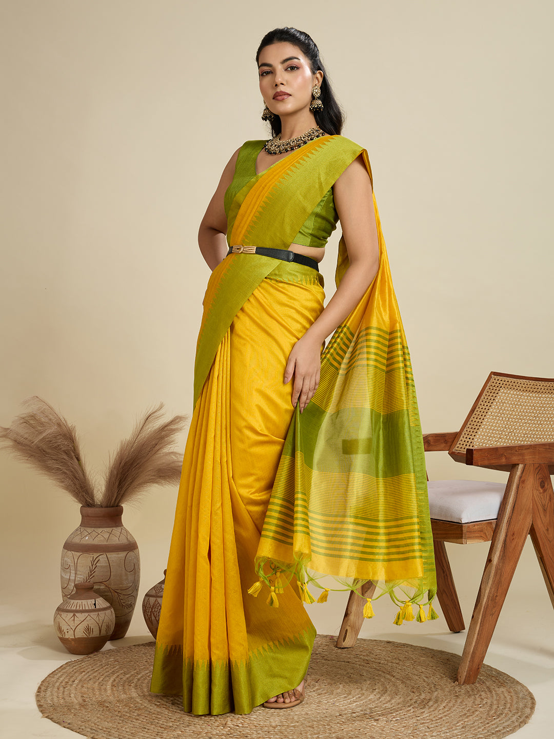 Citrine Yellow Soft Raw Silk Saree With Contrast Border