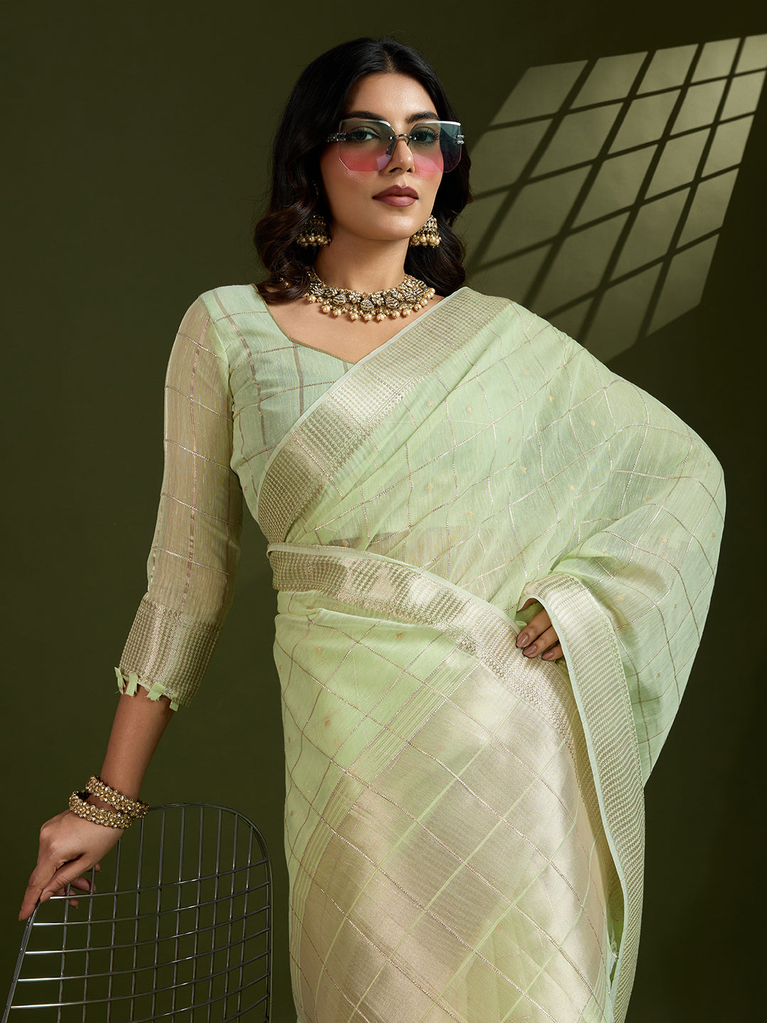Pista Green Linen Tissue Silk Saree