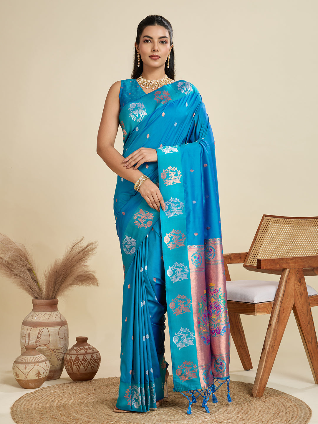Whimsical Rama Paithani Silk Saree With Ethnic Blouse Piece