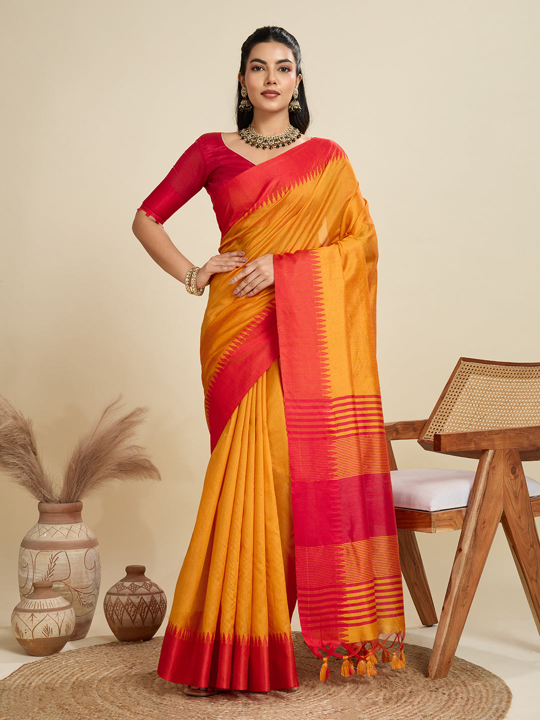 Princeton Orange Soft Raw Silk Saree With Contrast Border
