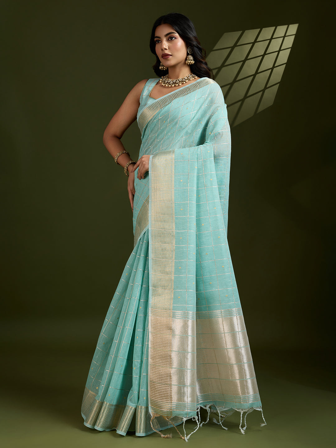 Moroccan Blue Linen Tissue Silk Saree