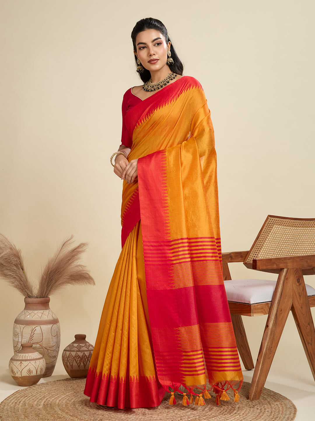 Princeton Orange Soft Raw Silk Saree With Contrast Border