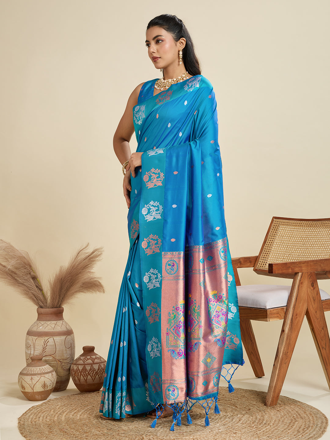Whimsical Rama Paithani Silk Saree With Ethnic Blouse Piece