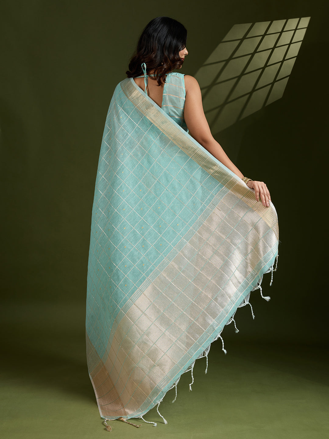 Moroccan Blue Linen Tissue Silk Saree