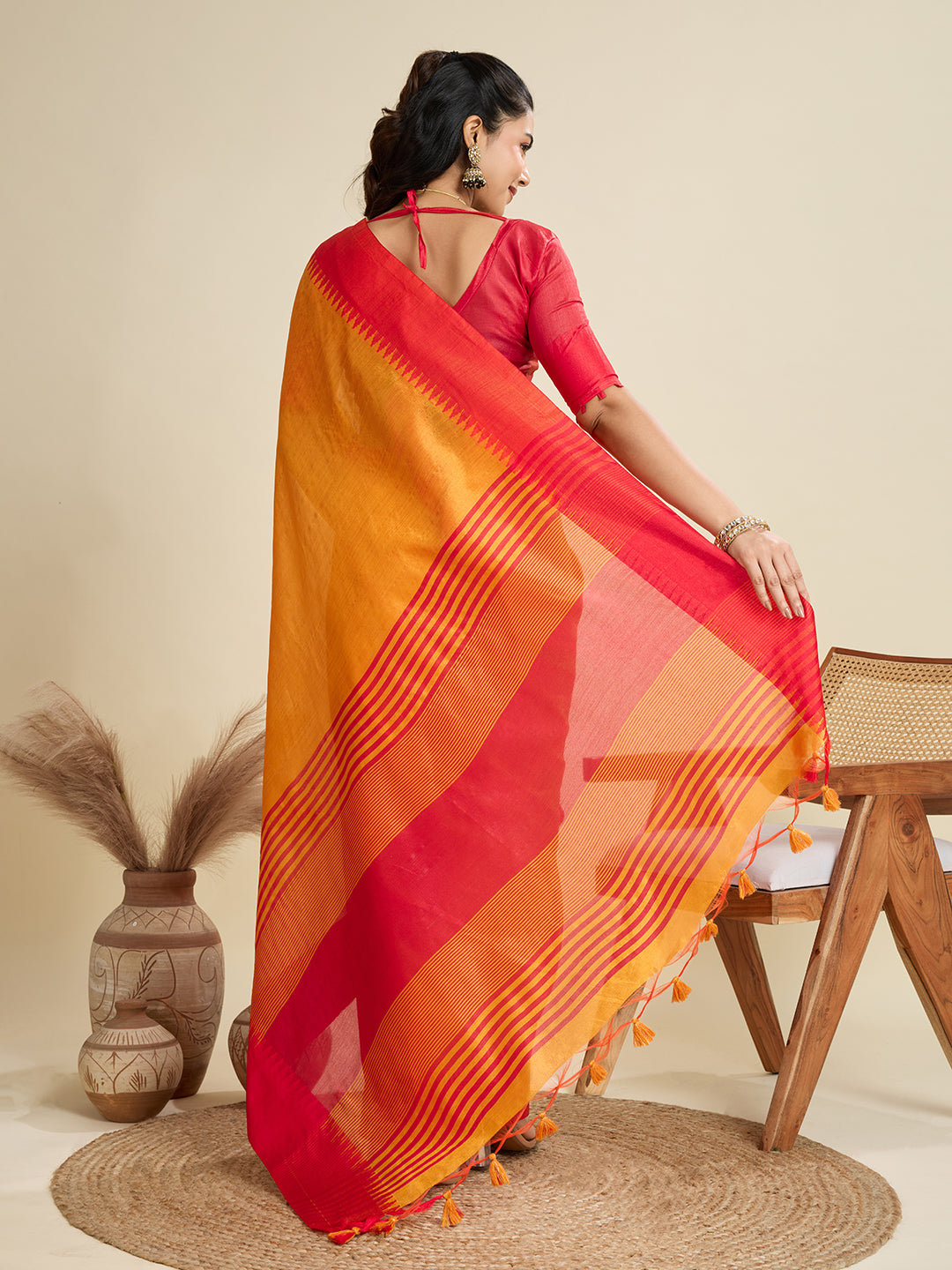 Princeton Orange Soft Raw Silk Saree With Contrast Border
