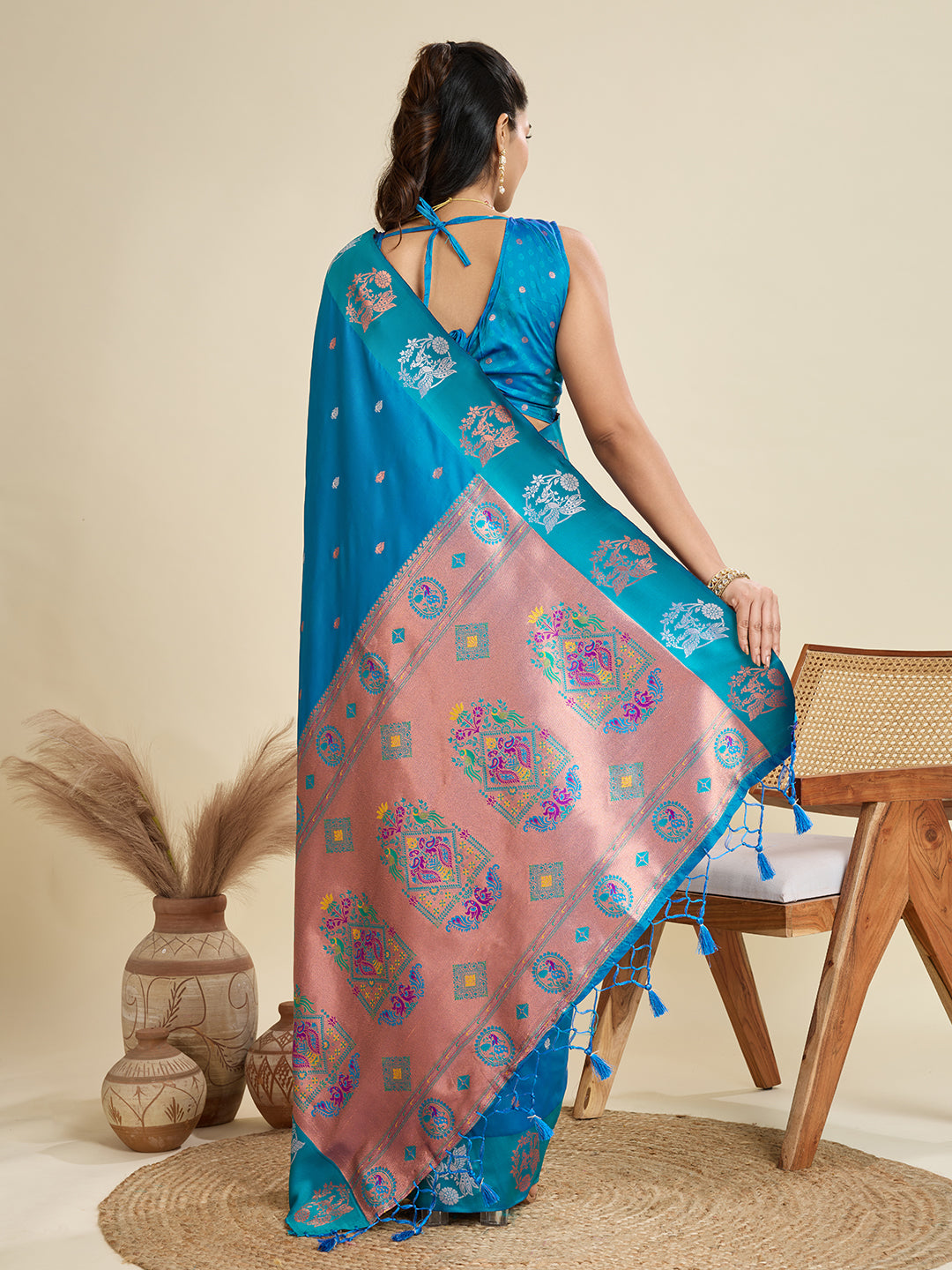 Whimsical Rama Paithani Silk Saree With Ethnic Blouse Piece