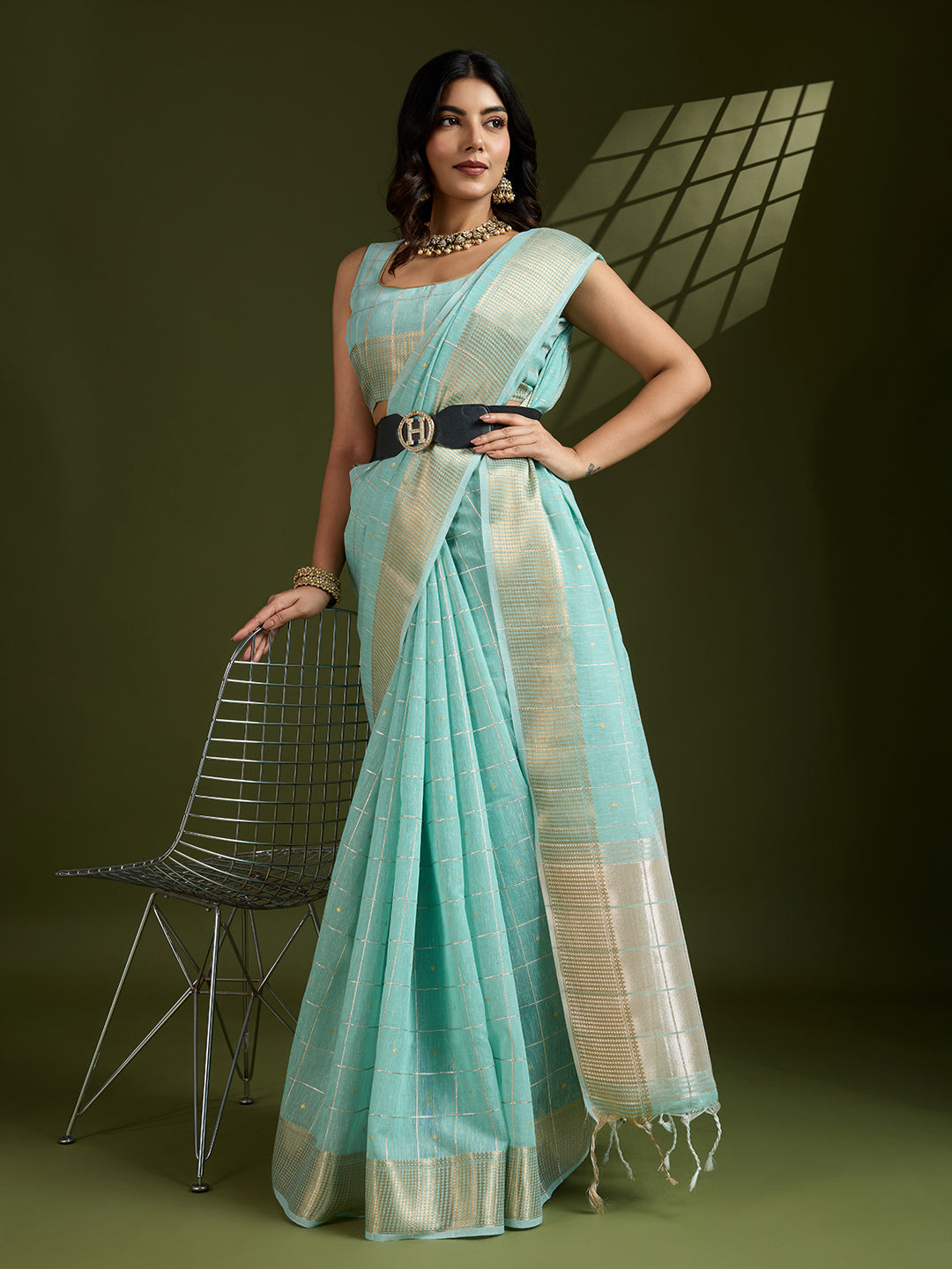 Moroccan Blue Linen Tissue Silk Saree