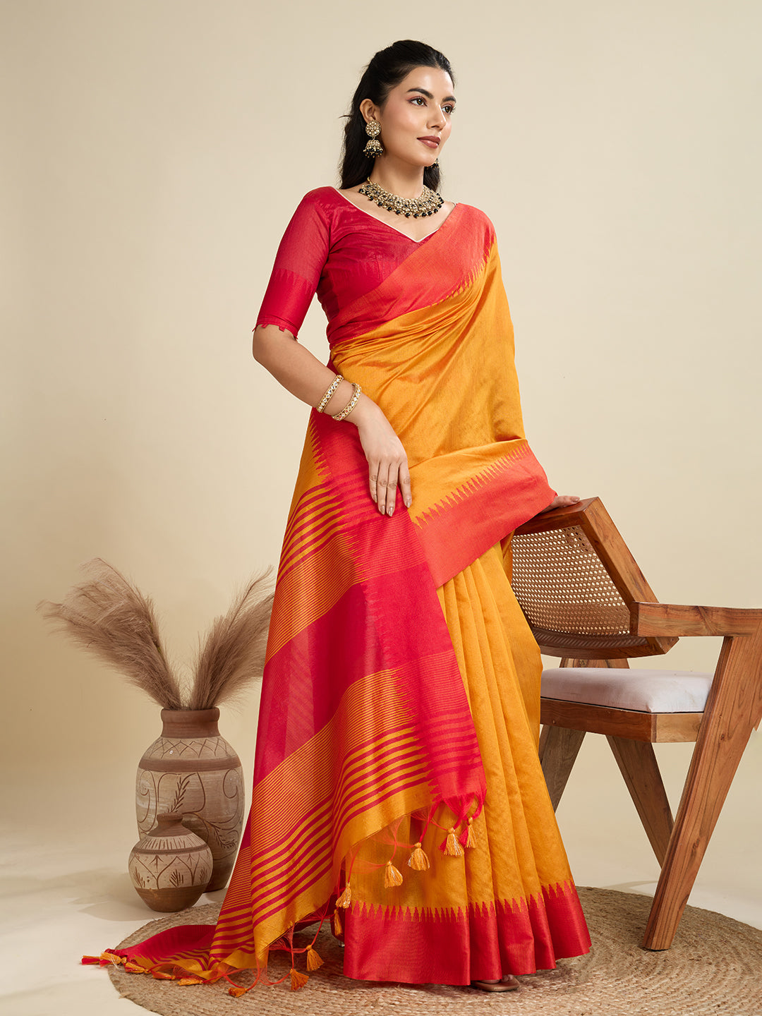 Princeton Orange Soft Raw Silk Saree With Contrast Border