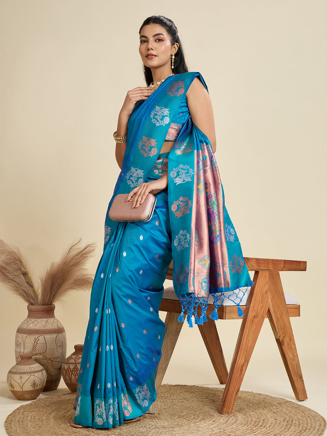 Whimsical Rama Paithani Silk Saree With Ethnic Blouse Piece