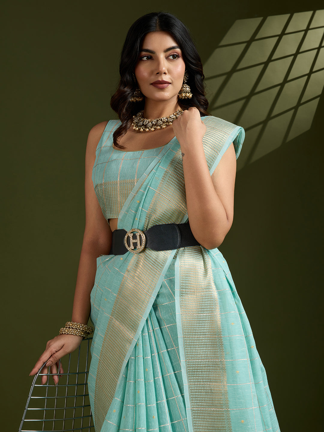 Moroccan Blue Linen Tissue Silk Saree